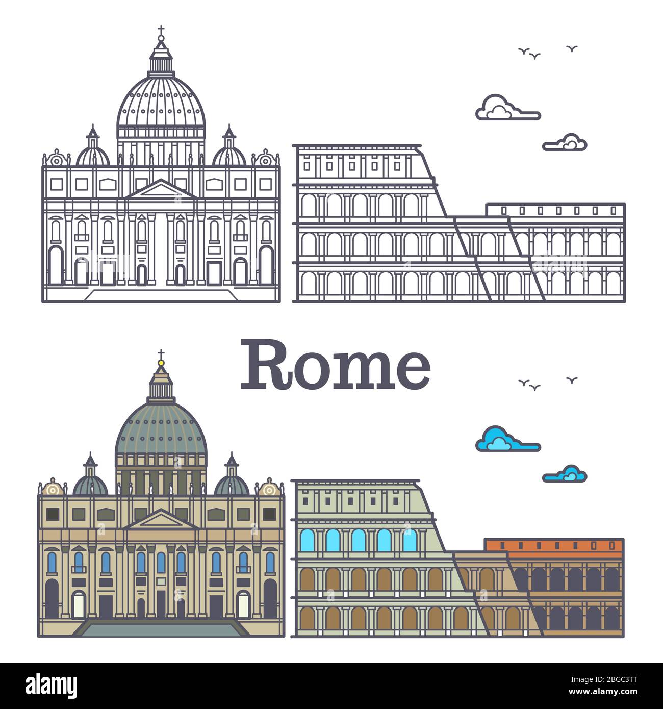 Famosi edifici di Roma - linea cattedrale e colosseo. Illustrazione vettoriale Illustrazione Vettoriale