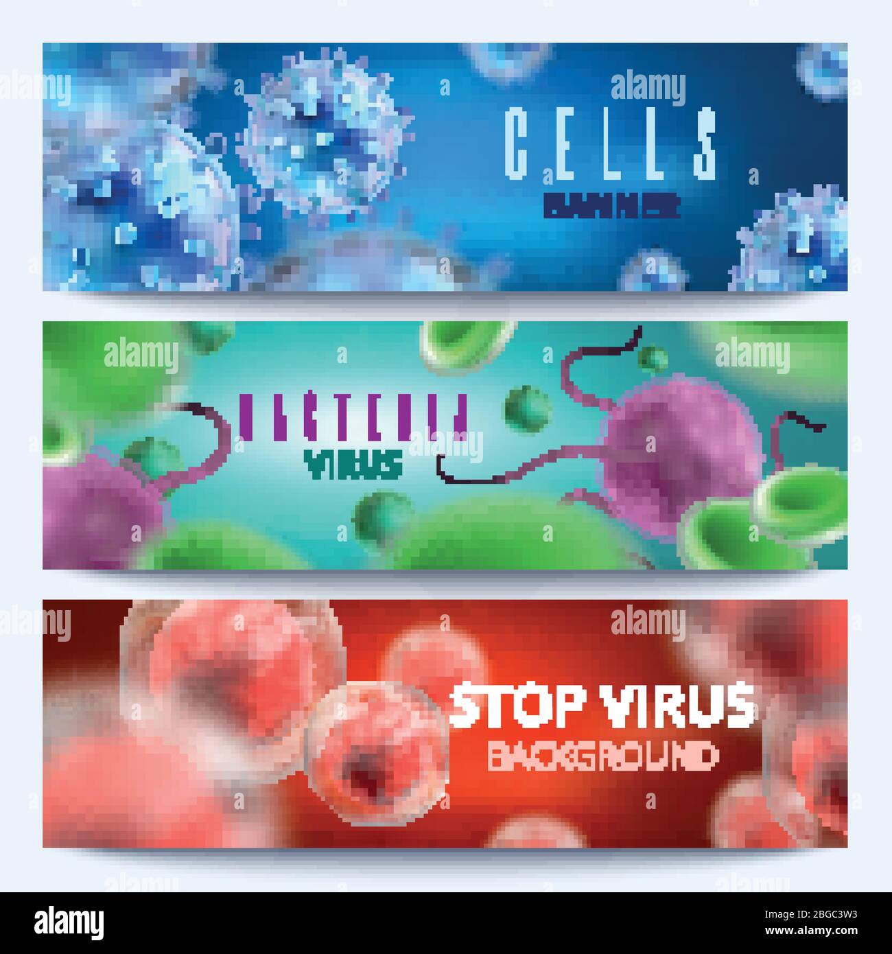 Banner Web per microbiologia e vettoriali medici con batteri e virus 3d. Virus e batteri microbi illustrazione medica Illustrazione Vettoriale