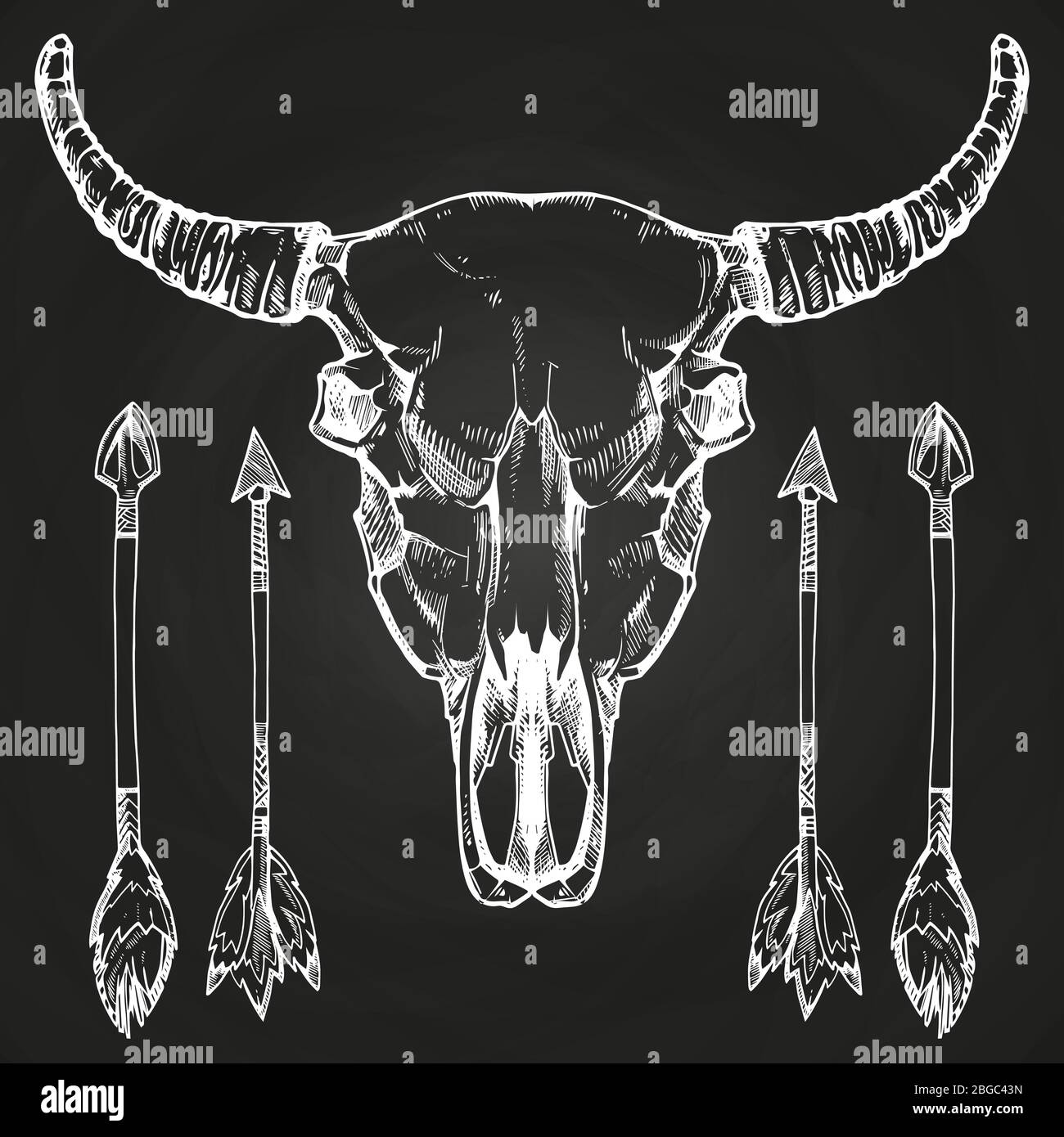 Cranio di bufalo disegnato a mano e frecce sulla lavagna. Illustrazione vettoriale Illustrazione Vettoriale
