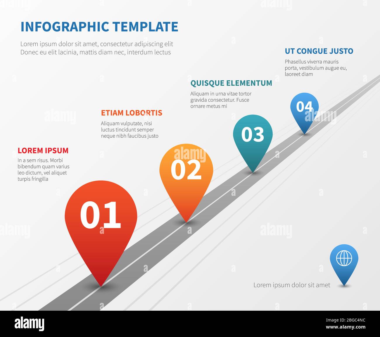 Infografica sui vettori timeline aziendali. Strada di pietra miliare con puntatori. Puntatore sulla linea temporale, illustrazione del punto di processo del flusso di lavoro Illustrazione Vettoriale