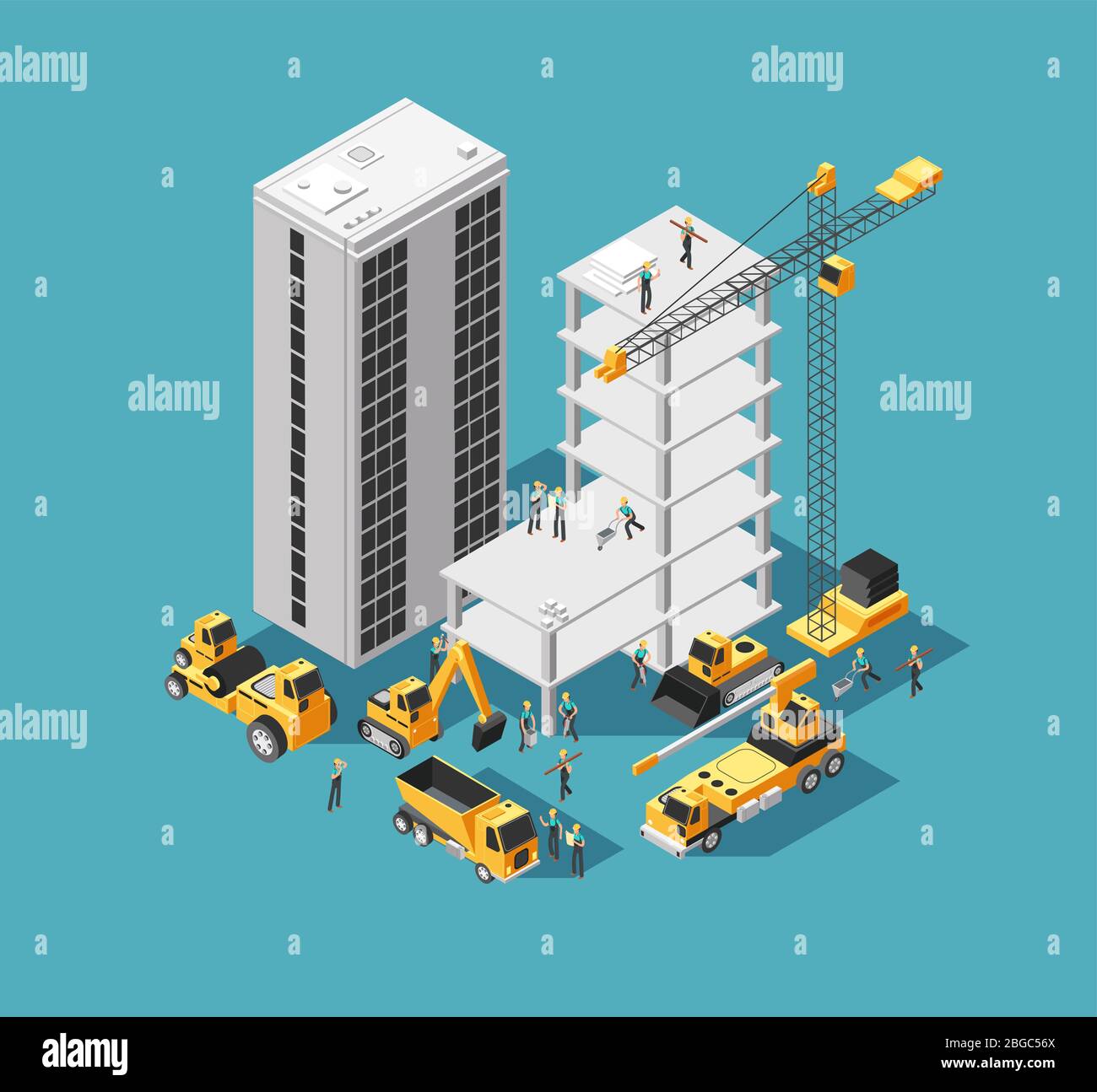 Costruzione di un vettore 3d isometrico concetto con costruttori e attrezzature pesanti. Casa cantiere sfondo. Cantiere isometrico con gru e macchina Illustrazione Vettoriale