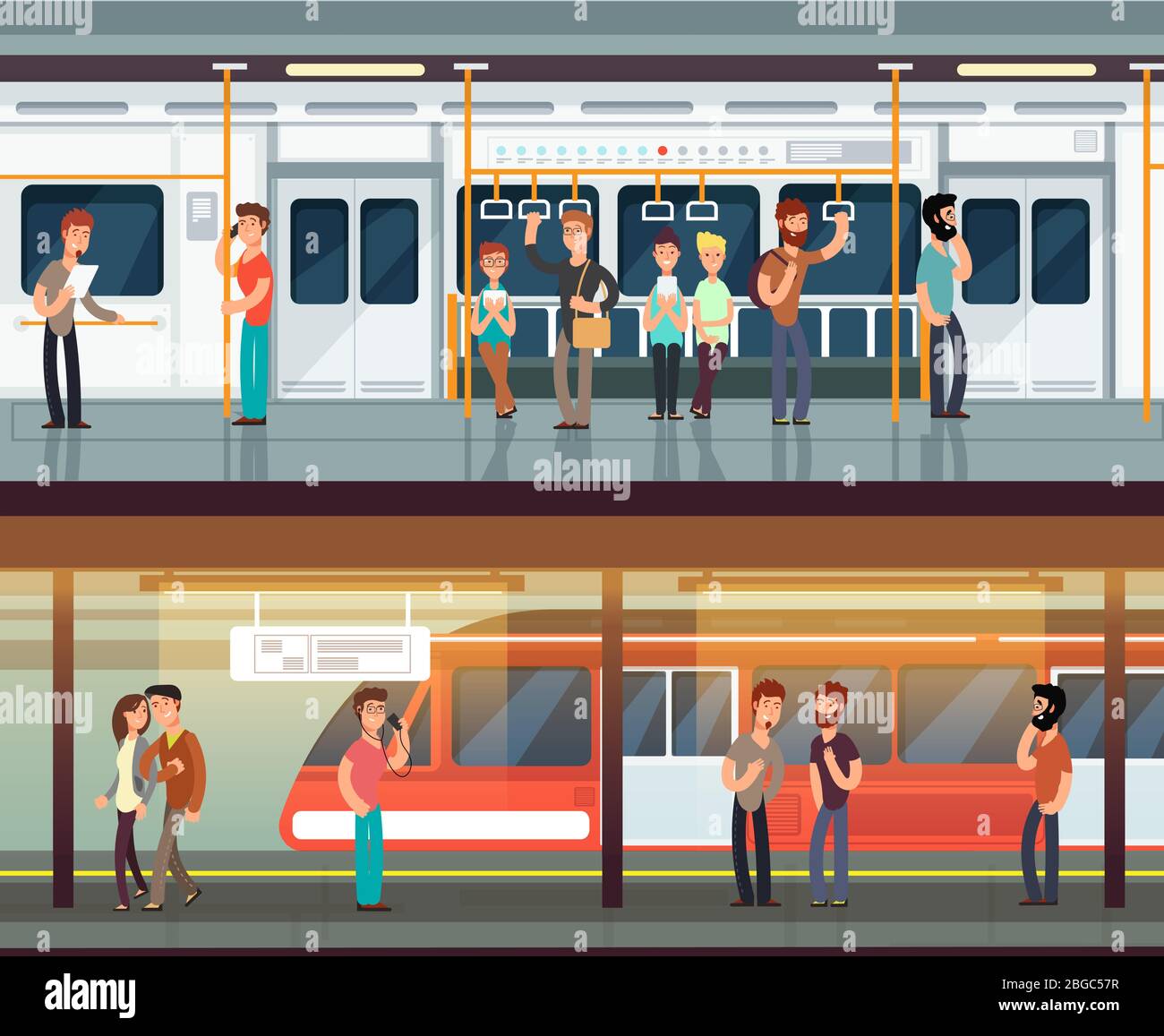 Metropolitana all'interno con gente uomo e waman. Piattaforma della metropolitana e interno del treno. Concetto di vettore urbano della metropolitana. Illustrazione della piattaforma della metropolitana, stazione della metropolitana con persone passeggeri Illustrazione Vettoriale