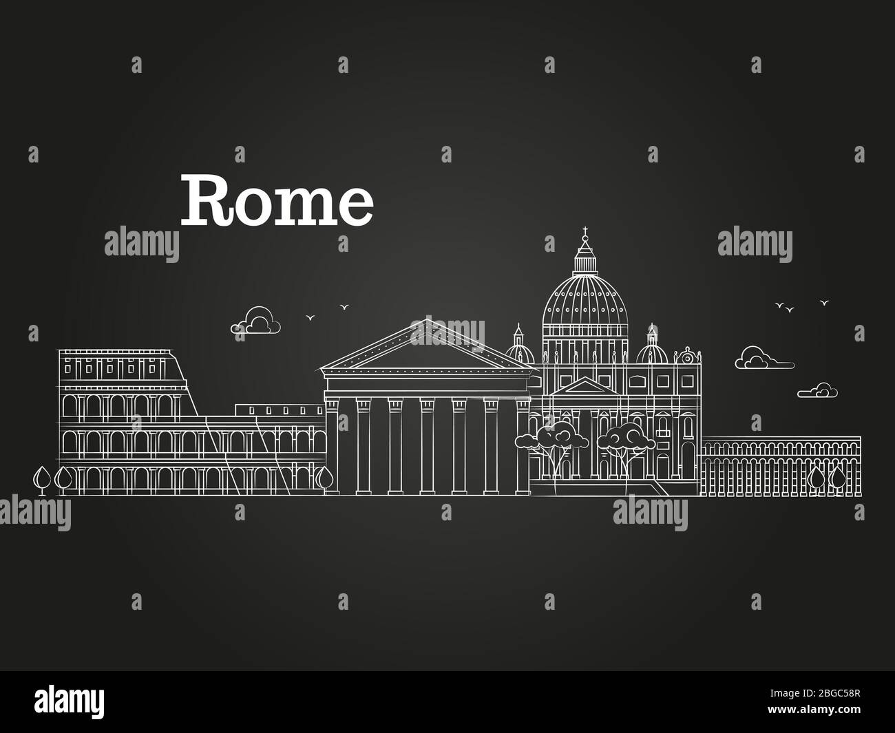 Panorama bianco lineare di Roma con edifici famosi, attrazioni turistiche, Colosseo su sfondo nero. Illustrazione vettoriale Illustrazione Vettoriale