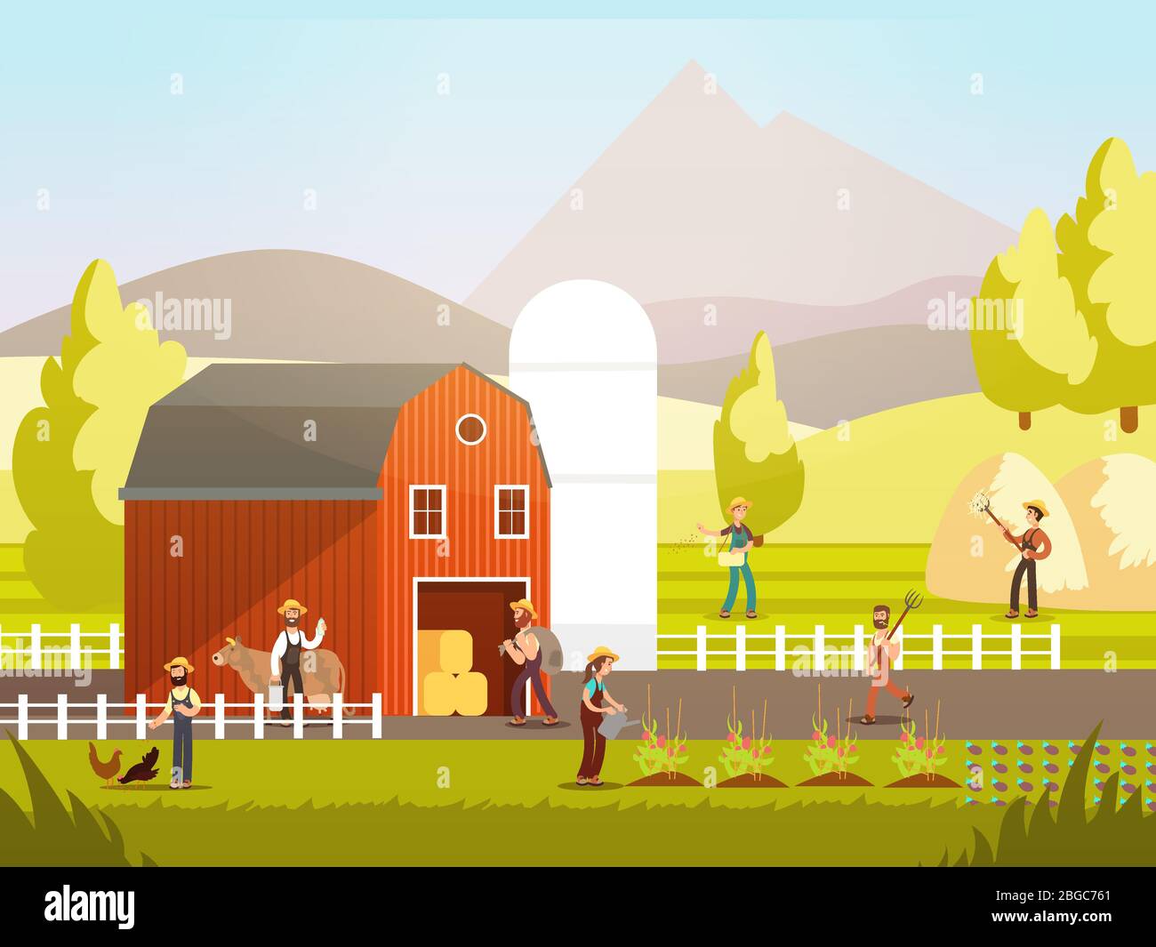 Cartoni animati con agricoltori, animali da fattoria e attrezzature illustrazione vettoriale. Agricoltura agricola e contadina, agricoltura rurale e paesaggio Illustrazione Vettoriale
