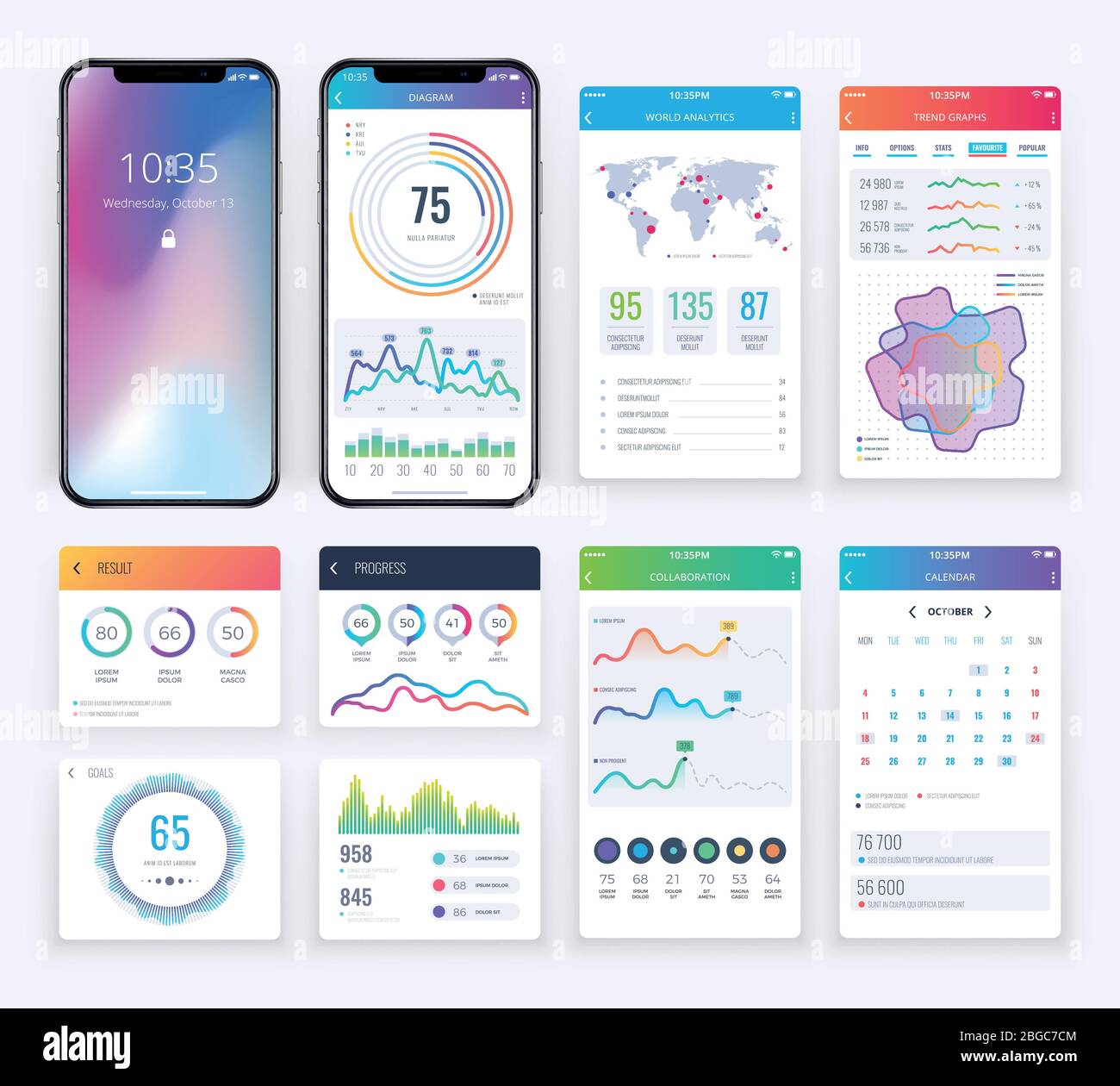 Interfaccia utente dello smartphone con grafici aziendali dei dati per app mobile. Interfacciare l'infografica dello smartphone e la mappa a colori con l'illustrazione della mappa Illustrazione Vettoriale