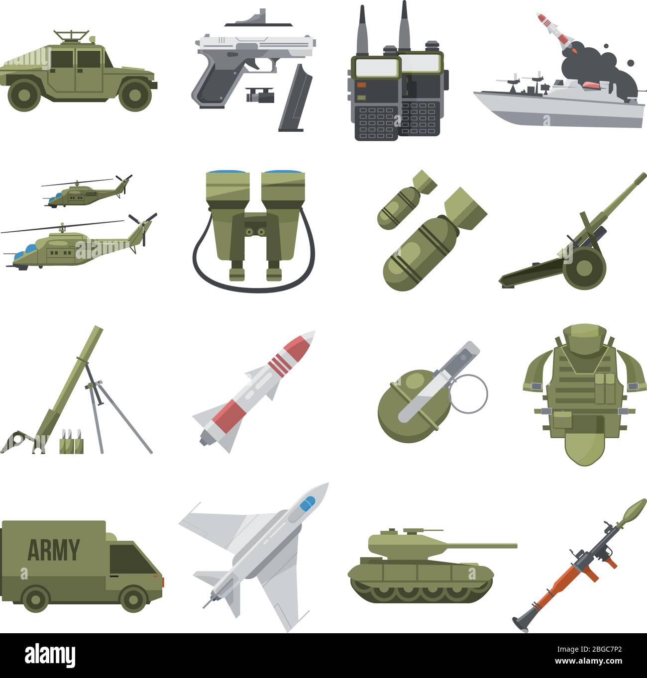 Set di icone di diverse armi militari. Attrezzature militari e di polizia. Immagini vettoriali in stile piatto Illustrazione Vettoriale