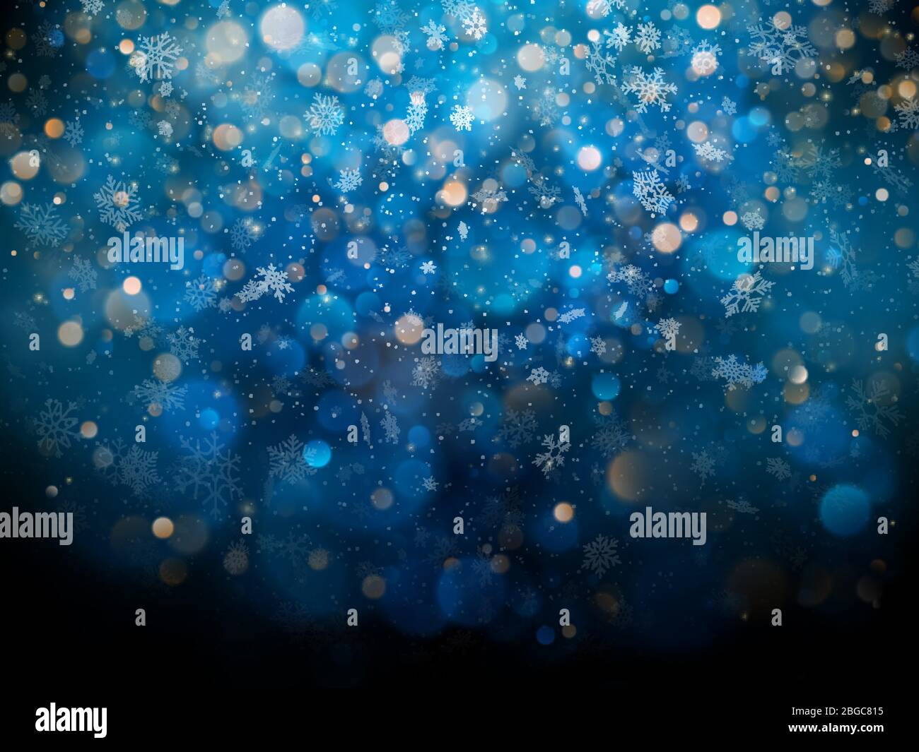 Modello di Natale e Capodanno con fiocchi di neve bianchi sfocati, bagliori e scintille su sfondo blu. EPS 10 Illustrazione Vettoriale