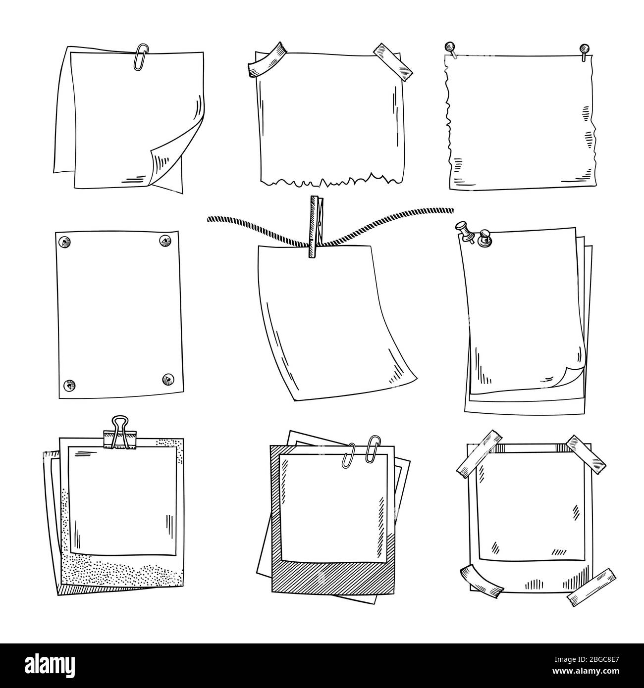 Cornici fotografiche e diversi blocchi note vuoti. Set vettoriale di immagini di doodle Illustrazione Vettoriale