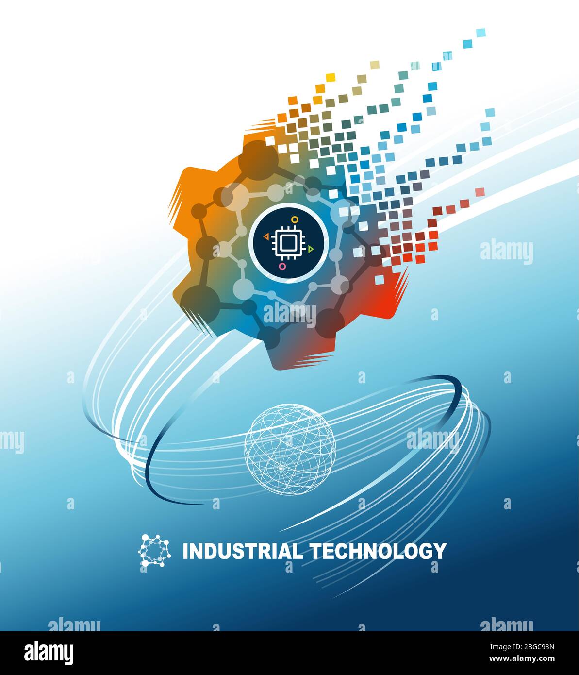 La tecnologia industriale mondiale si è sviluppata verso il futuro. Illustrazione vettoriale del gradiente di sfondo blu Illustrazione Vettoriale