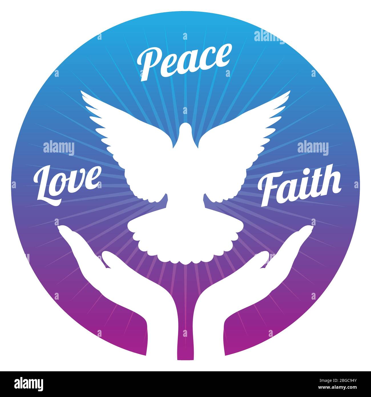 Pace colomba volando dalle mani nel cielo. Concetto vettoriale di amore, libertà e fede religiosa. Pace e amore, fede e speranza Illustrazione Vettoriale