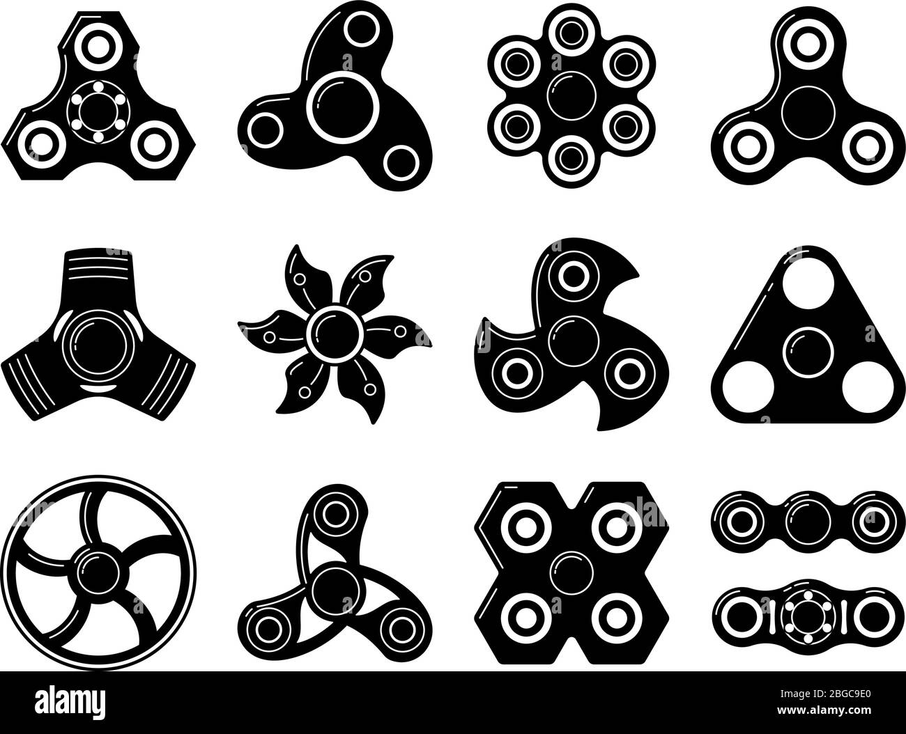 Illustrazioni monocromatiche di giocattoli spinner di forme diverse. Le immagini vettoriali si isolano sul bianco Illustrazione Vettoriale