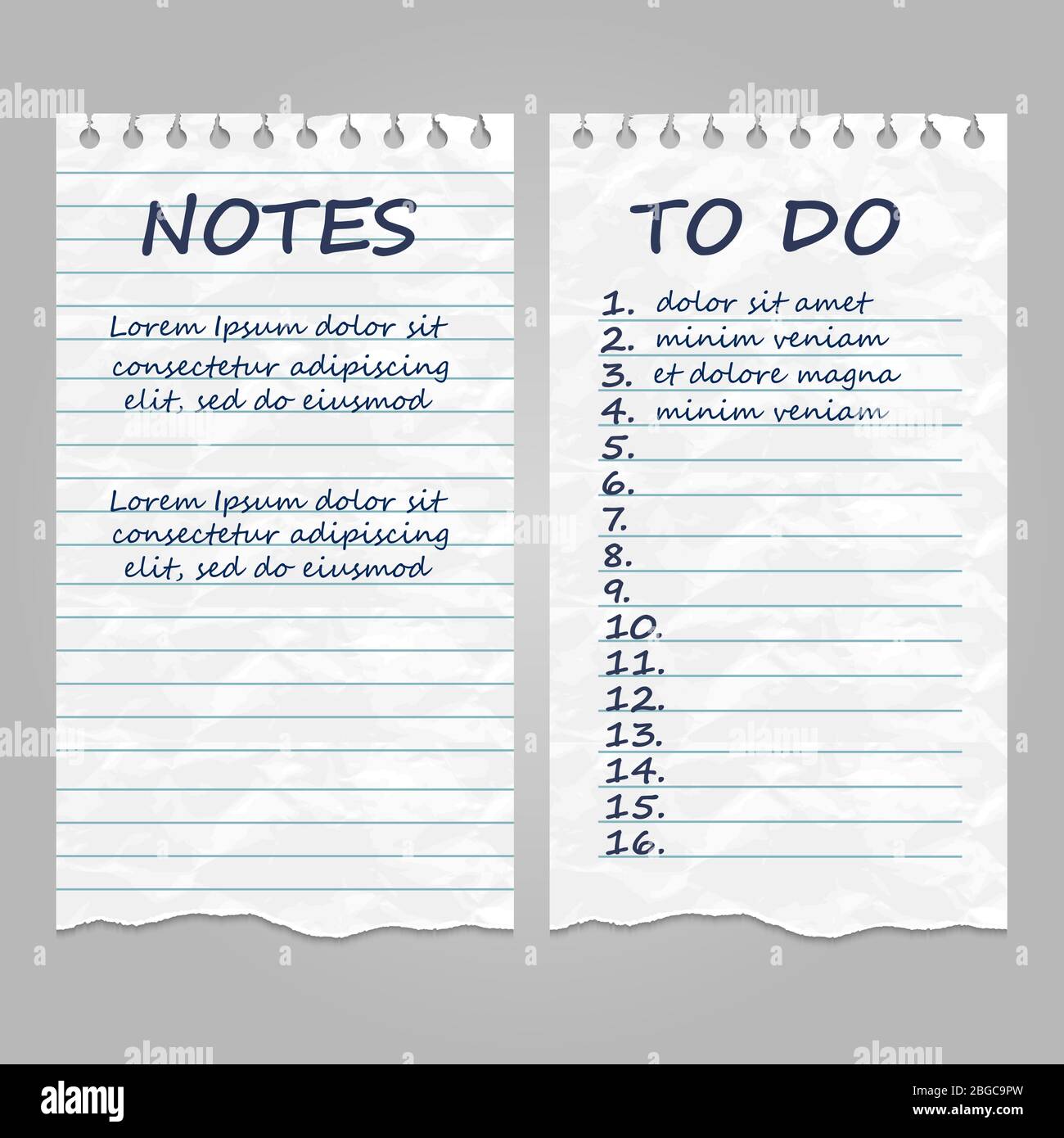 Pagine di carta vintage strappate per appunti e per l'elenco delle attività. Ricorda il blocco note del messaggio con testo per la scrittura a mano. Illustrazione vettoriale Illustrazione Vettoriale