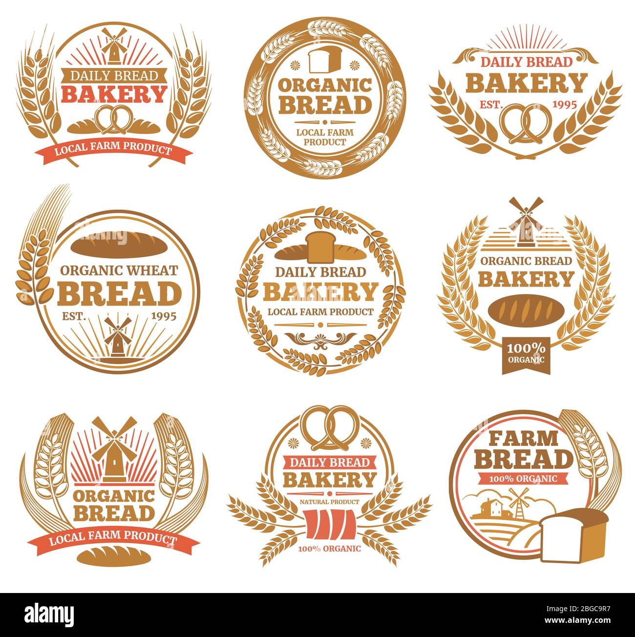 Etichette vettoriali vintage da forno con orecchie di grano e simboli di pane. Badge e emblema d'epoca da forno Illustrazione Vettoriale
