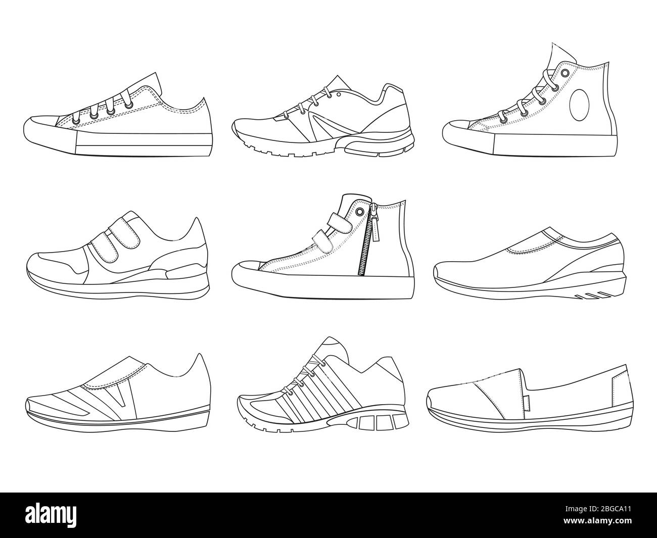 Illustrazioni di scarpe teenage in stile lineare. Immagini vettoriali di stivali e sneakers Illustrazione Vettoriale