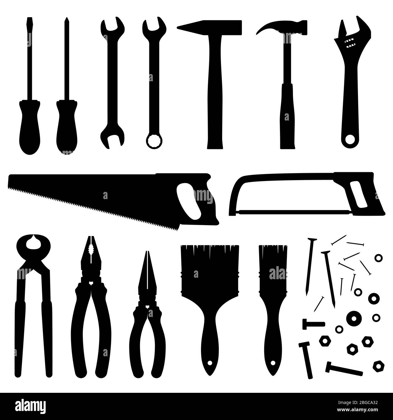 Silhouette vettoriali per utensili industriali e da costruzione. Kit di attrezzi per l'uomo a mano. Cacciavite e chiave, strumento martello e figura sega Illustrazione Vettoriale