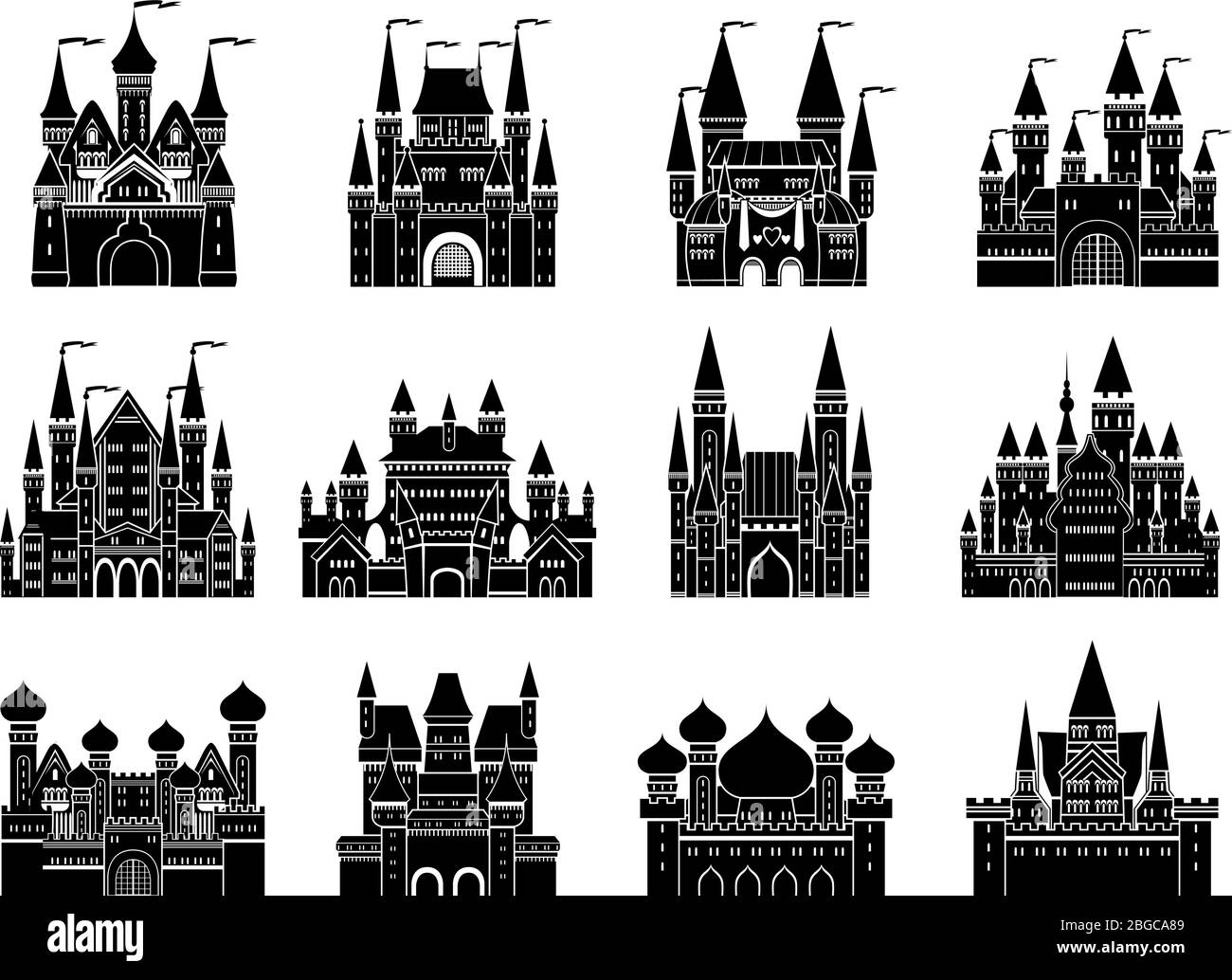 Illustrazioni vettoriali monocromatiche con diversi castelli e torri medievali Illustrazione Vettoriale