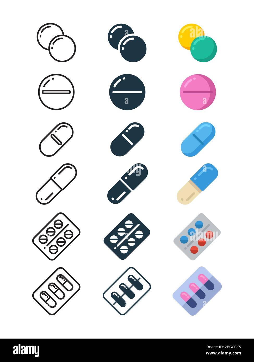 Icone di linea e silhouette di compresse di droga illegale, dipendenza da alcol, abuso di metanfetamine. Illustrazione vettoriale Illustrazione Vettoriale
