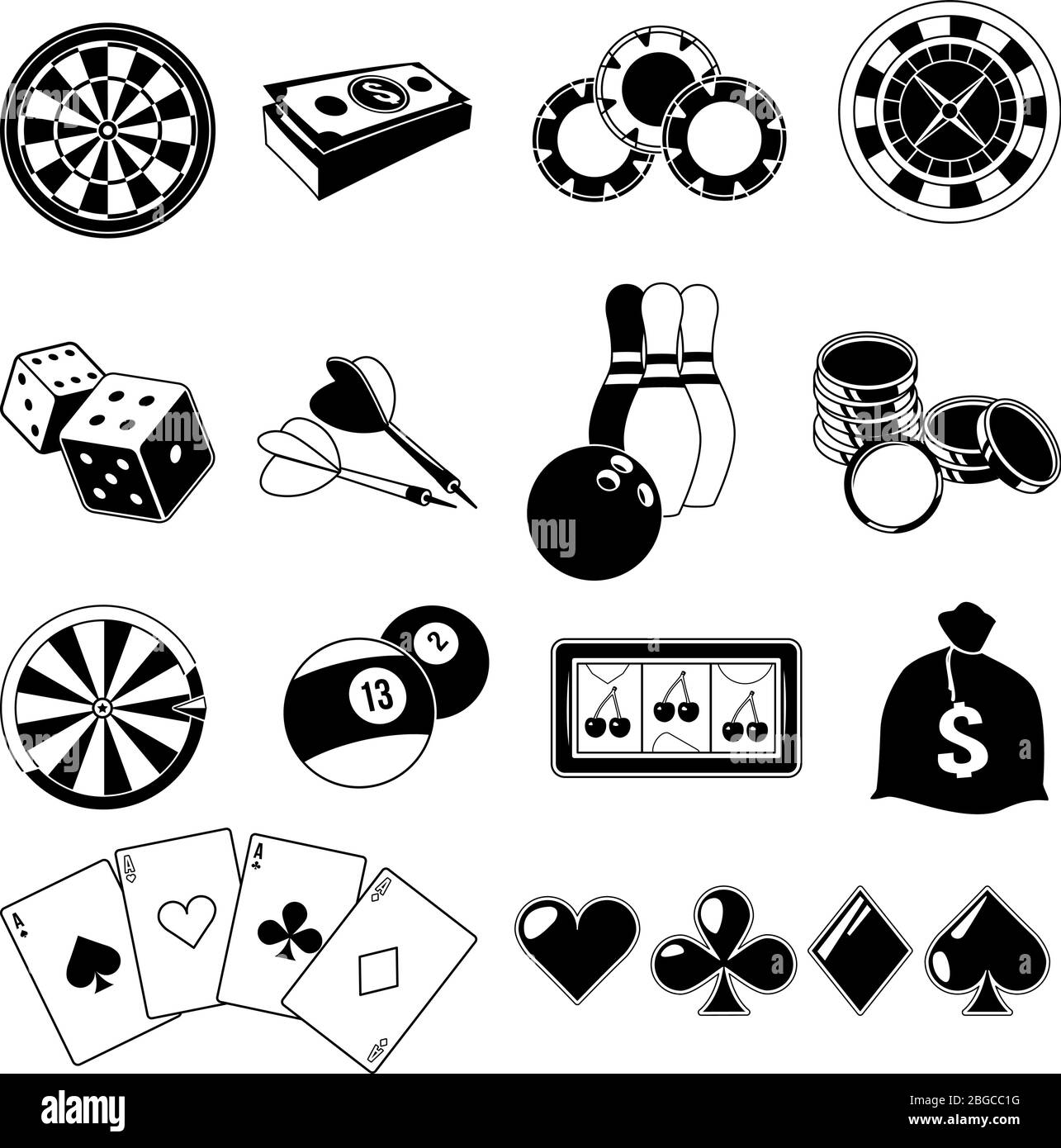 Gioco d'azzardo, giochi di carte e diversi intrattenimenti da casinò. Set di illustrazioni monocromatiche. Silhouette vettoriali Illustrazione Vettoriale