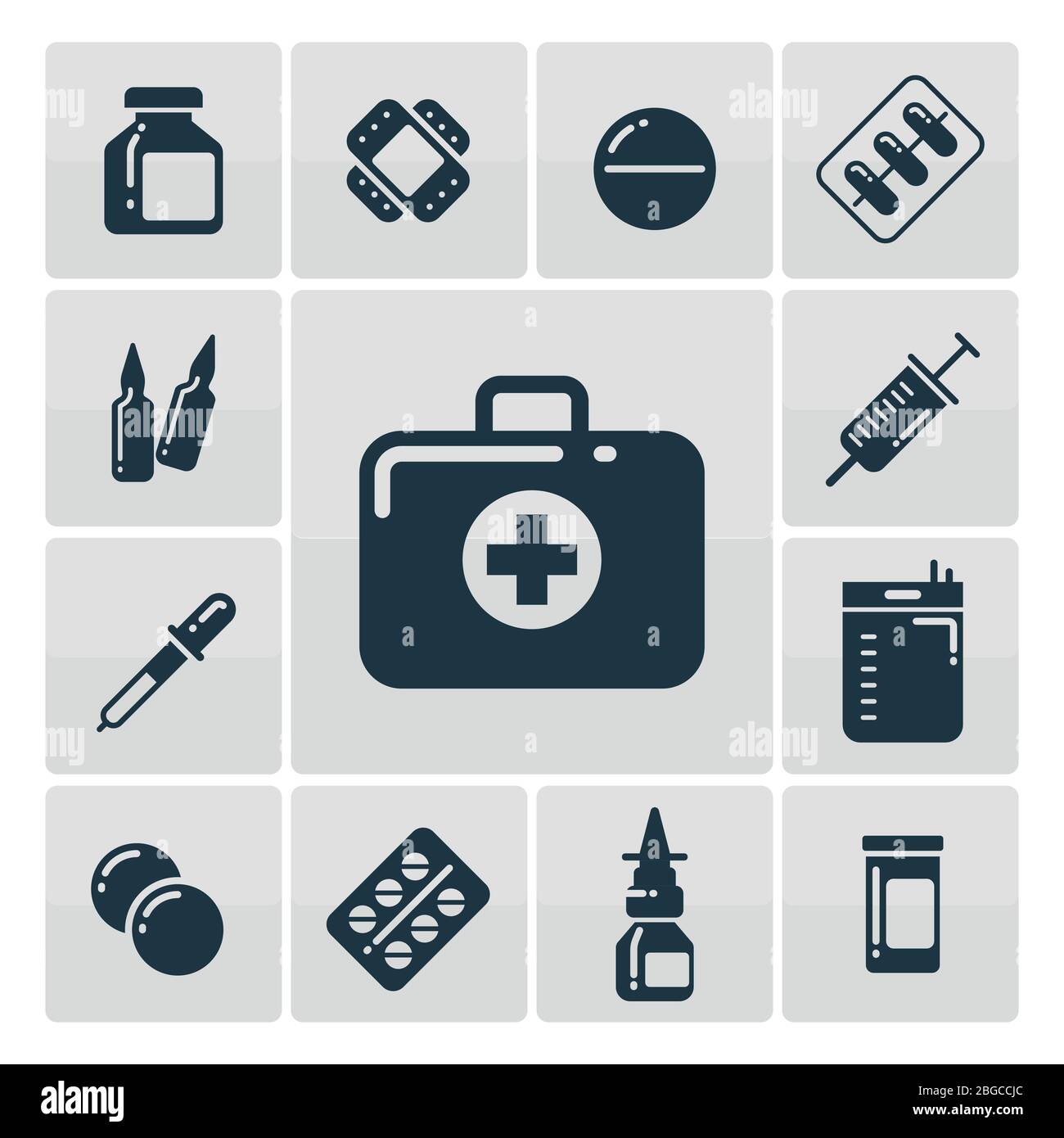 Set icone di silhouette kit di pronto soccorso - icone accessori medicine. Illustrazione vettoriale Illustrazione Vettoriale