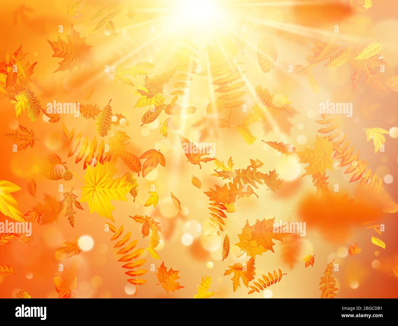 Sfondo autunnale con foglie naturali e luce solare brillante. EPS 10 Illustrazione Vettoriale