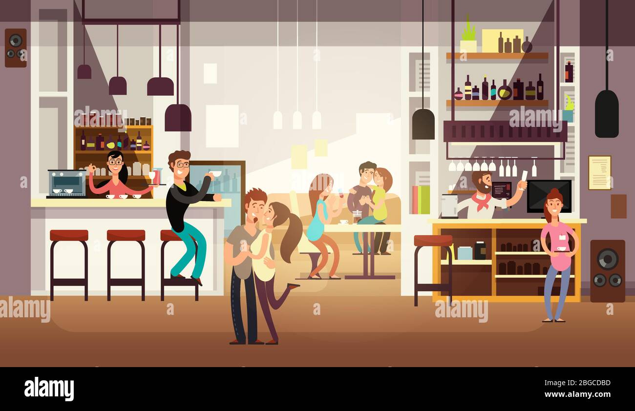 La gente mangia pranzo nell'interno del bar del caffè. Illustrazione vettoriale piatta. Interno caffetteria e ristorante con bar Illustrazione Vettoriale