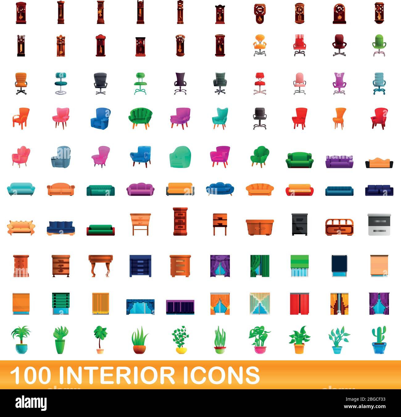 set di 100 icone interne. Immagine cartoon di 100 icone interne vettore set isolato su sfondo bianco Illustrazione Vettoriale