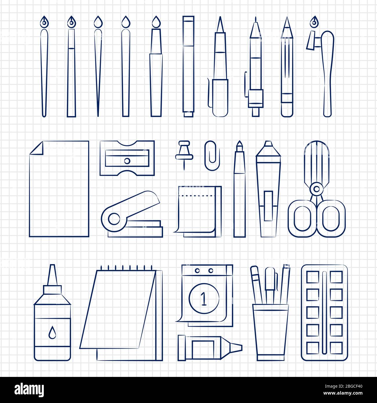 Penna a sfera disegno cancelleria ufficio icone lineari sulla pagina del notebook. Illustrazione vettoriale Illustrazione Vettoriale