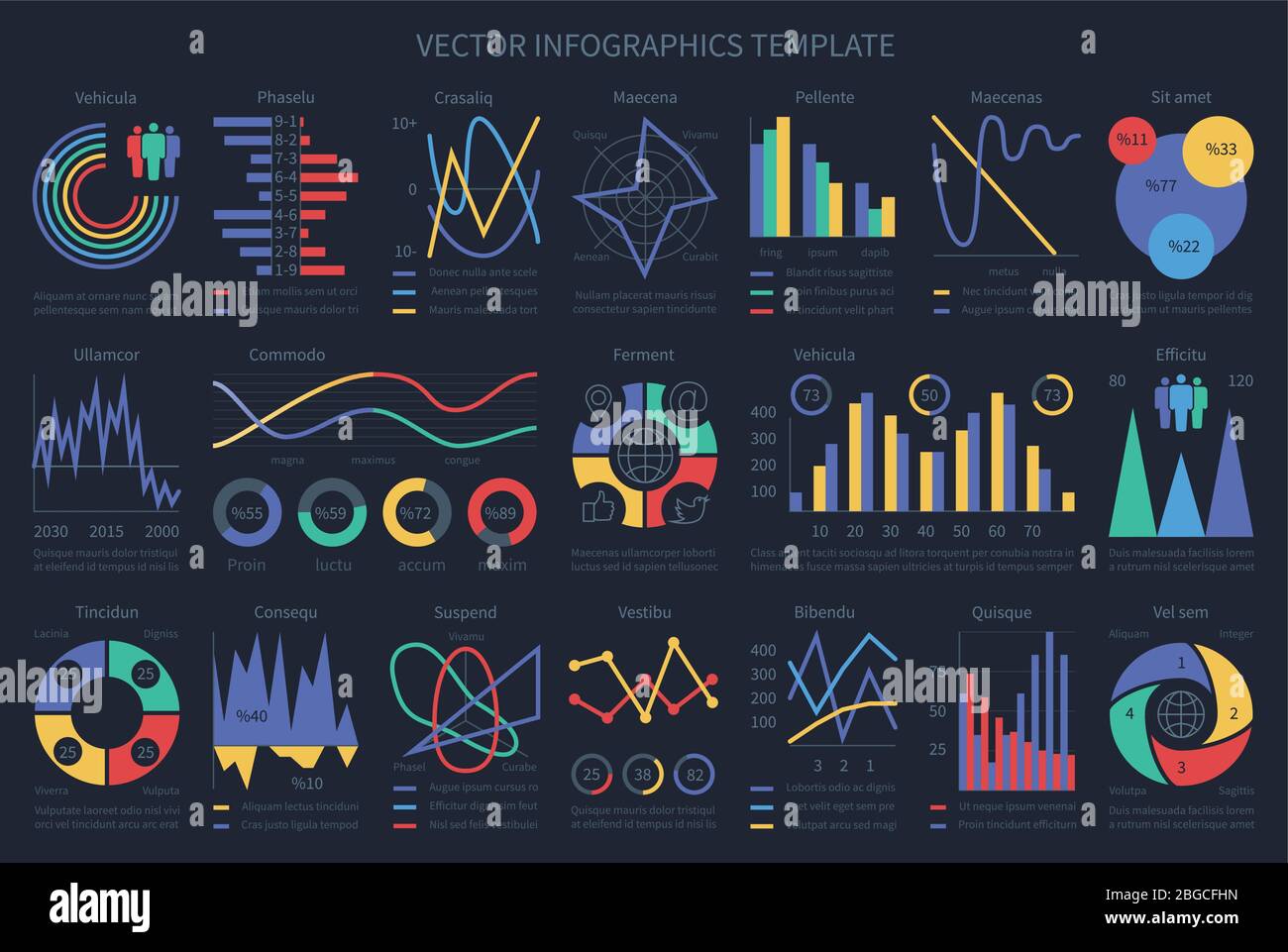 Diagrammi di flusso infografici, grafici, diagrammi ed elementi cronologici finanziari. Diagramma, grafico e grafico di finanza aziendale di raccolta vettori Illustrazione Vettoriale