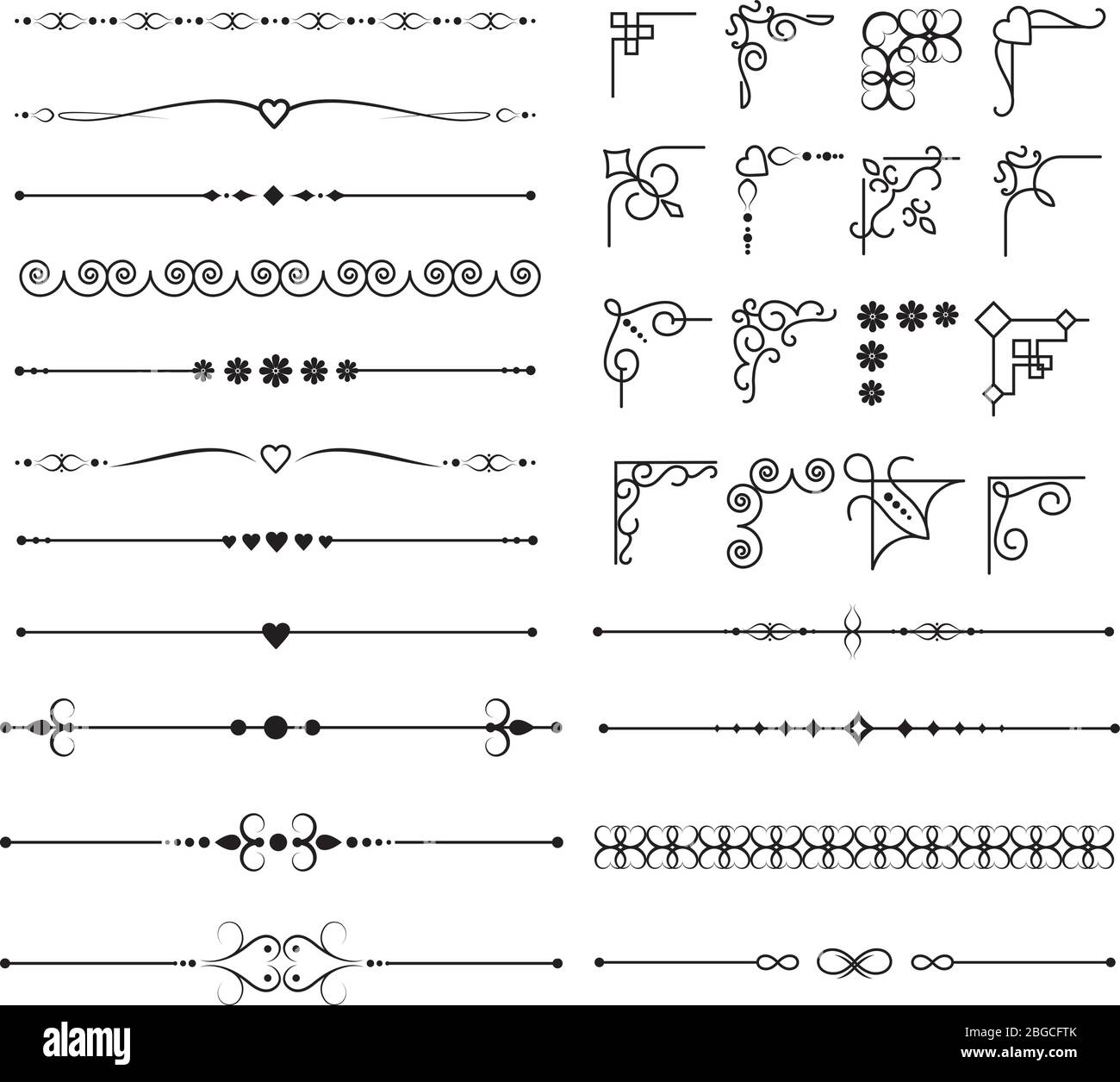 Retro victorian bordi vorticosi e angoli ornamentali elementi vettoriali per il design vintage frame. Angolo vittoriano e cornice illustrazione Illustrazione Vettoriale