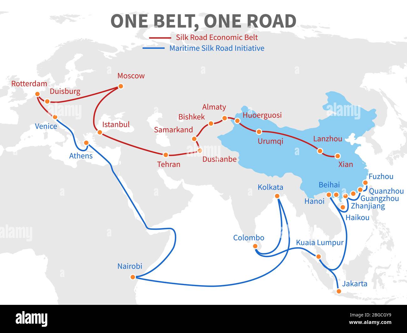 Una cintura - una strada cinese moderna strada di seta. Modo di trasporto economico sulla mappa mondiale illustrazione vettoriale. Tracciato del transito, trasporto europeo ed eurasia lontano Illustrazione Vettoriale