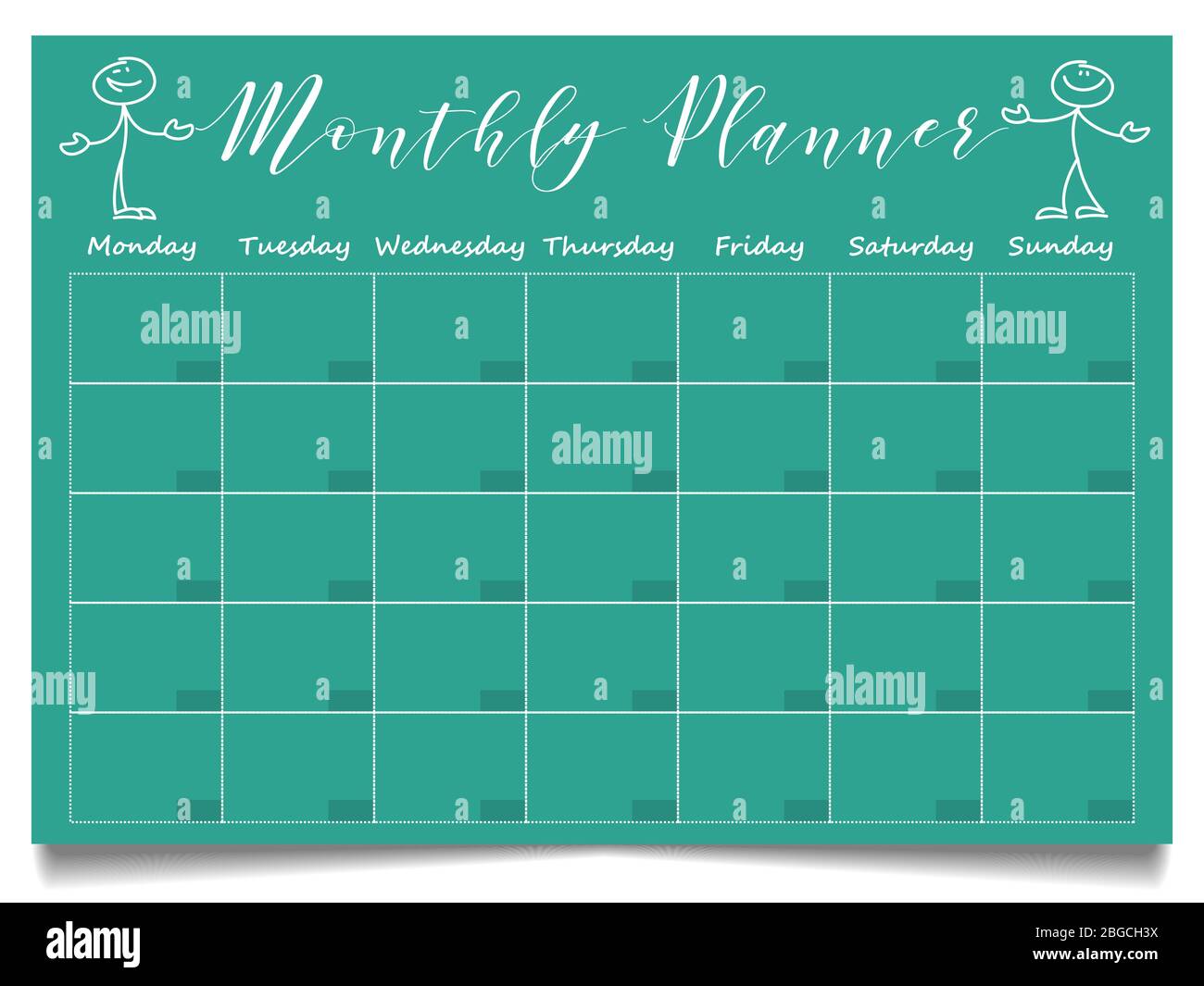 Semplice modello mensile di pianificatore con figure di bastone positive disegnate a mano. Organizzatore mensile, programma settimanale. Illustrazione vettoriale Illustrazione Vettoriale