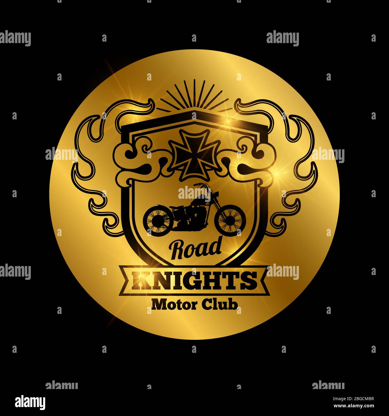 Moto club dorato lucido vettore emblema con moto. Illustrazione vettoriale Illustrazione Vettoriale
