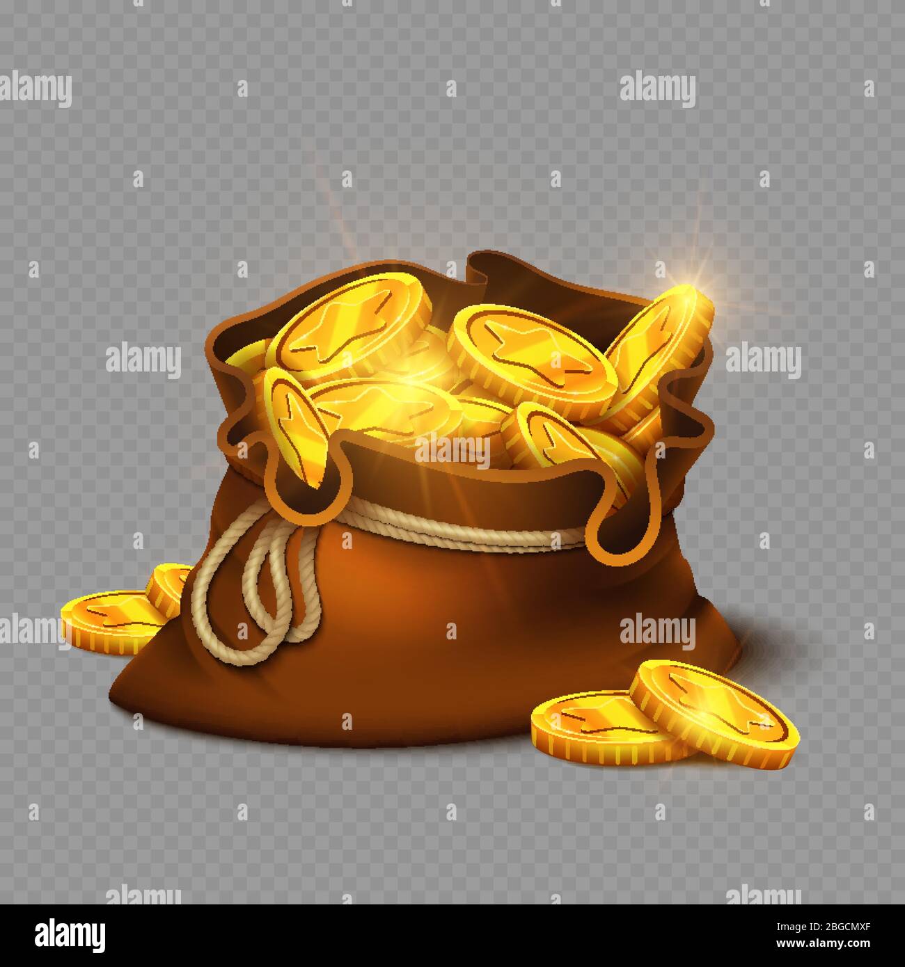 Cartone animato grande vecchia borsa con monete d'oro isolato su sfondo trasparente. Oro guadagnare, premio del tesoro. Illustrazione vettoriale Illustrazione Vettoriale
