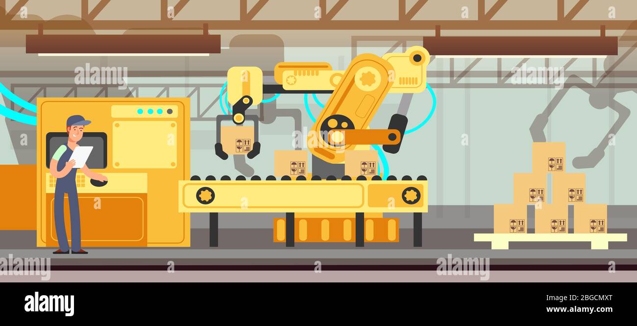 Trasportatore industriale con concetto di vettore di processo di confezionamento in produzione. Produzione industriale, illustrazione dell'automazione industriale dei nastri Illustrazione Vettoriale