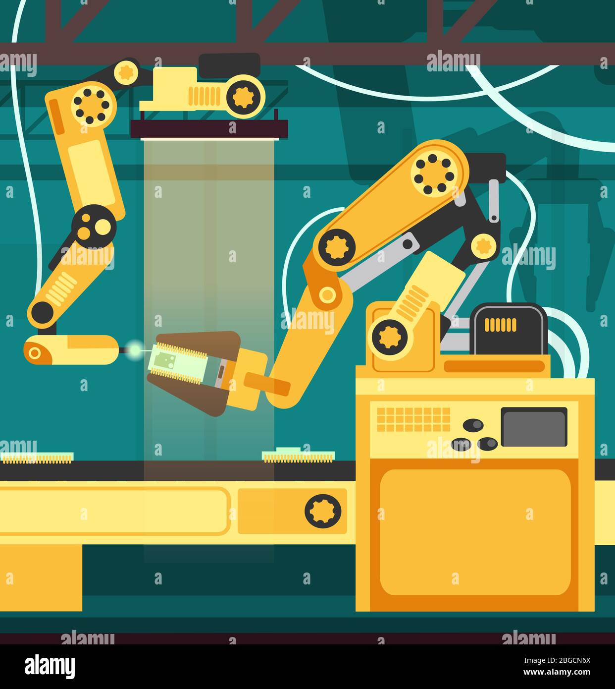 Linea di assemblaggio automatico con bracci robotizzati. Tecnologia e ingegneria concetto vettoriale. Industria di produzione vettoriale, illustrazione di attrezzature di produzione Illustrazione Vettoriale