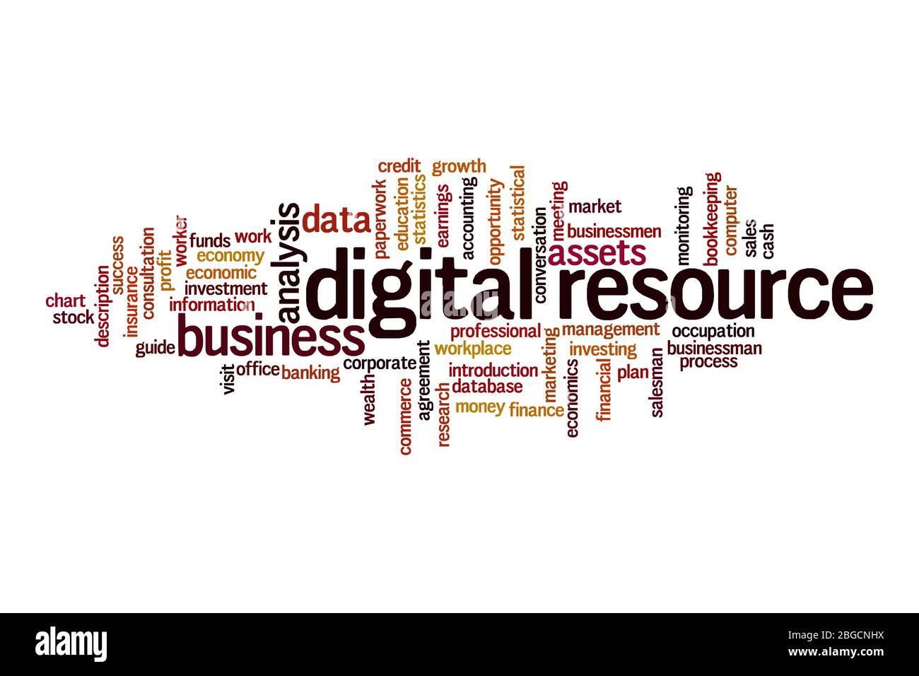 Concetto di Word cloud di risorse digitali su sfondo bianco Foto Stock