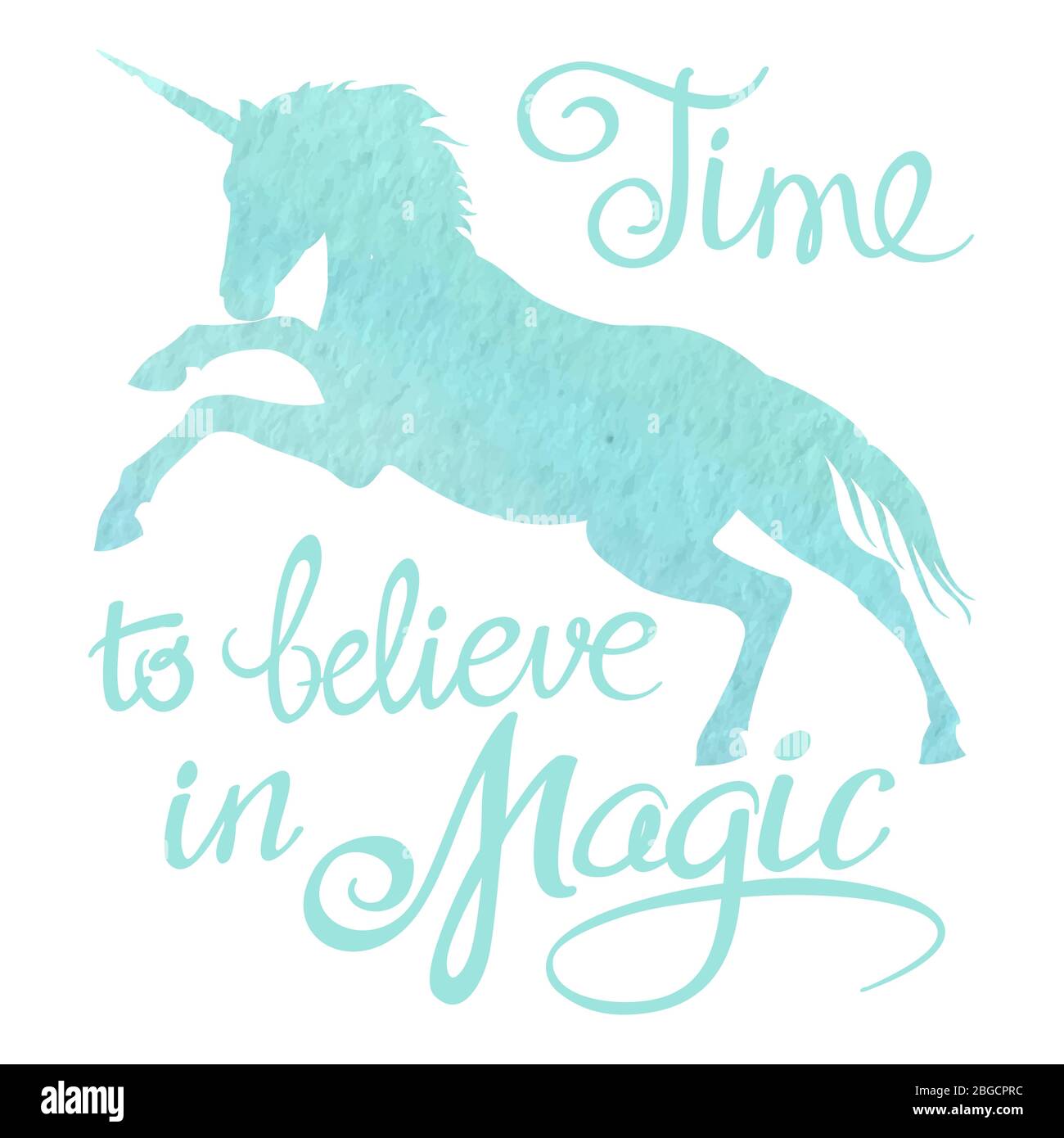 Silhouette e scritte turchesi color acqua unicorno isolate su sfondo bianco. Illustrazione vettoriale Illustrazione Vettoriale