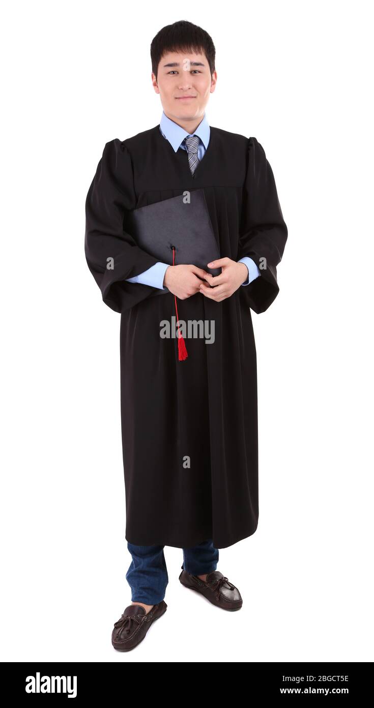 Studente di laurea felice isolato su bianco Foto Stock