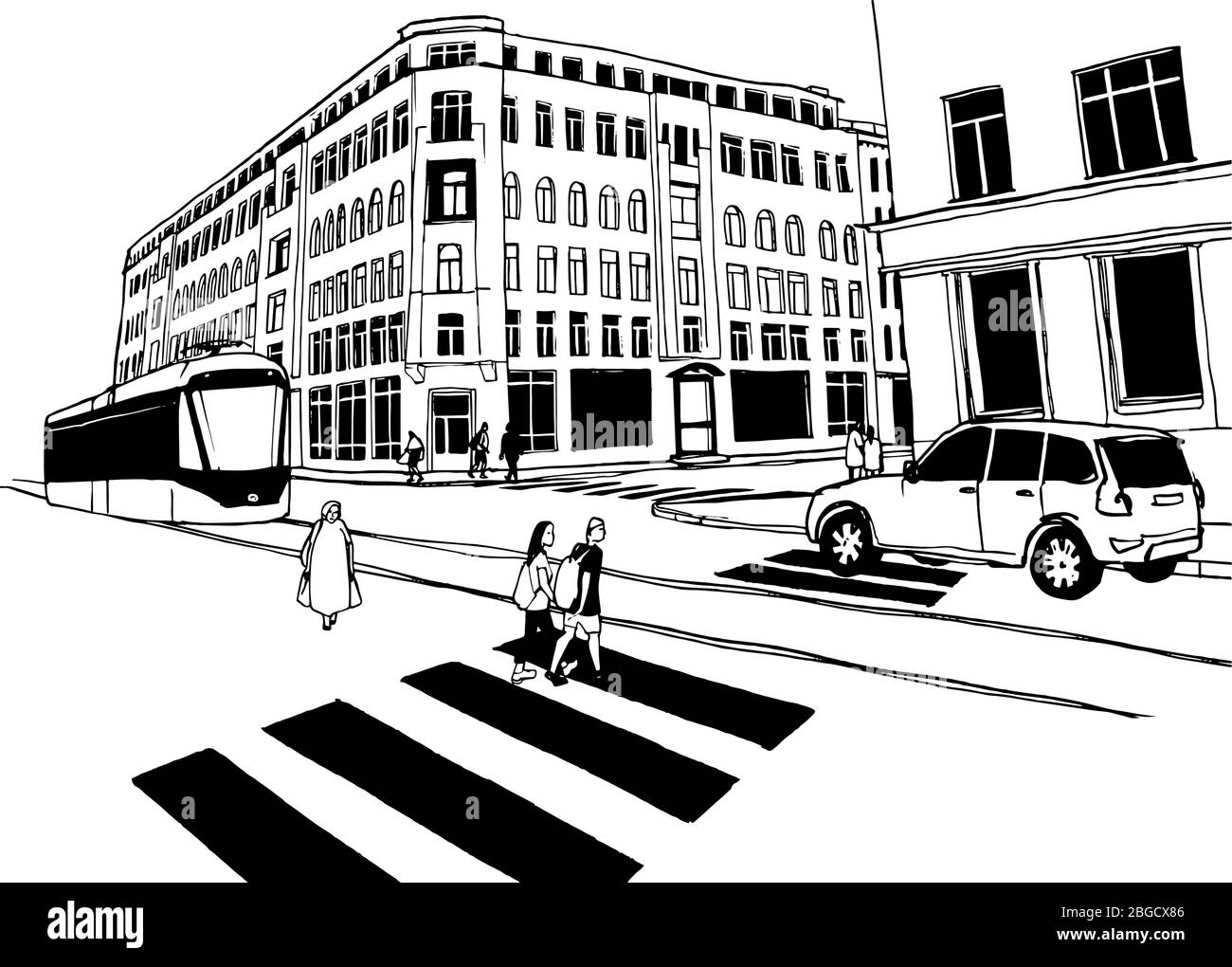 Illustrazione vettoriale di attraversata, strada della città, persone, tram con tram, auto ed edifici urbani. Illustrazione Vettoriale