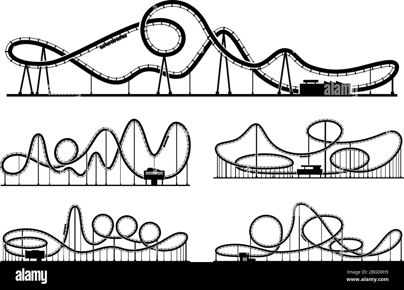 Le silhouette vettoriali rollercoaster si isolano su sfondo bianco. Illustrazione del parco divertimenti Illustrazione Vettoriale