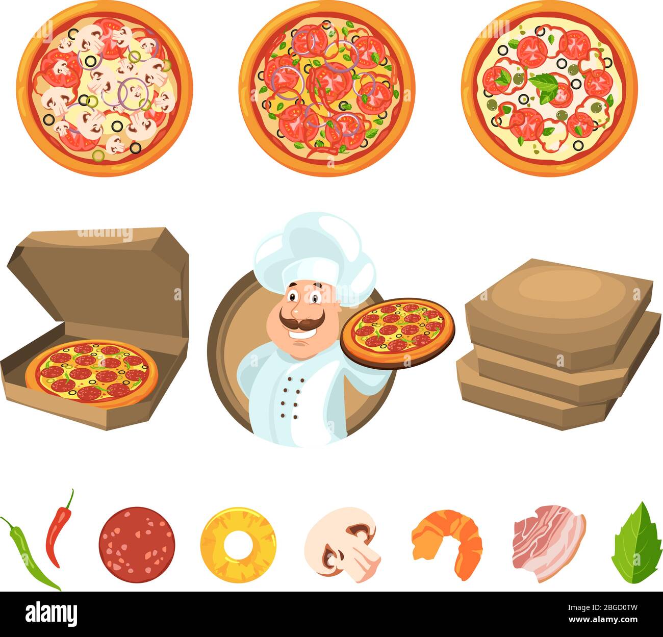 Fast food per feste o pranzo italiano. Pizza con formaggio e verdure. Illustrazione vettoriale in stile cartoon Illustrazione Vettoriale