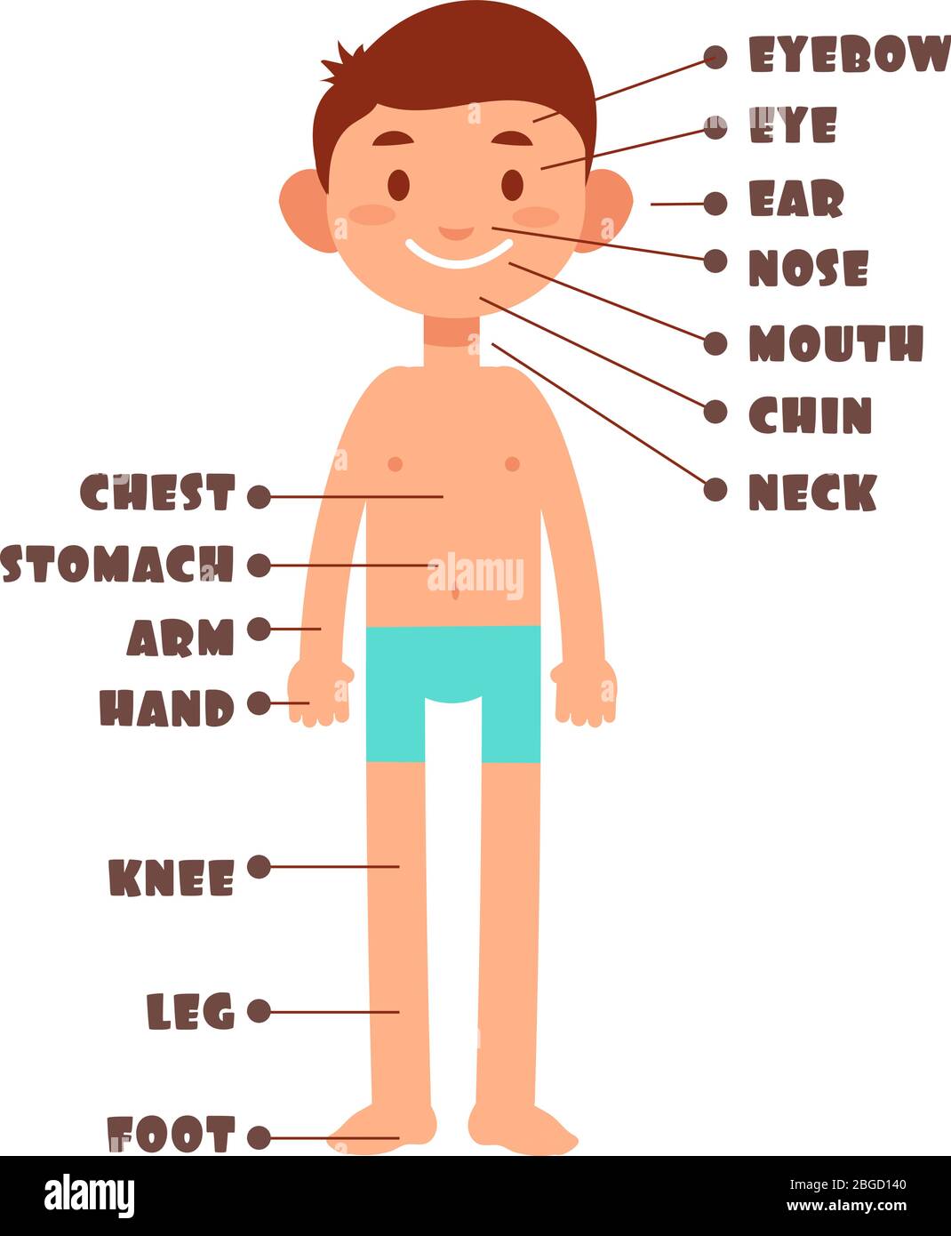 Ragazzo cartone animato. Parti del corpo dei bambini con set di vettori di vocabolario inglese. Corpo bambini mento e piede, mano e testa, naso e gambe Illustrazione Vettoriale