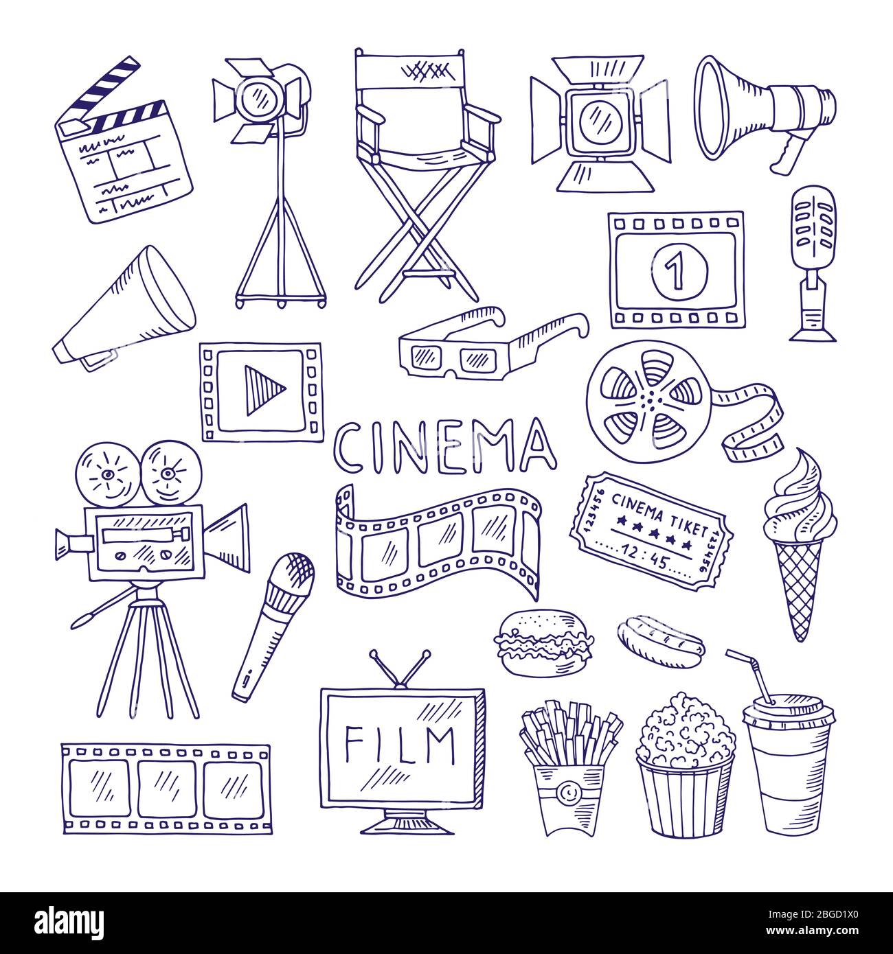 Set di doodle per cinematografia. Icone di intrattenimento video Illustrazione Vettoriale