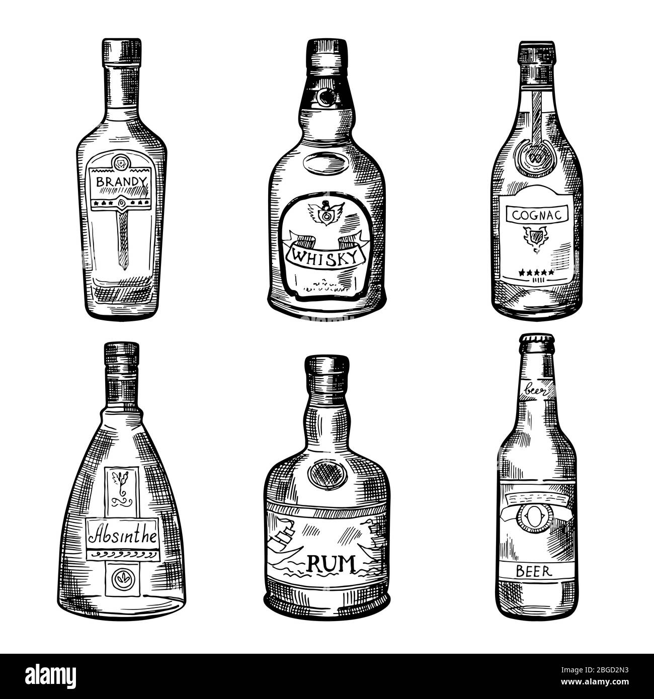 Bevande alcoliche diverse in bottiglia. Illustrazione vettoriale in stile disegnato a mano Illustrazione Vettoriale