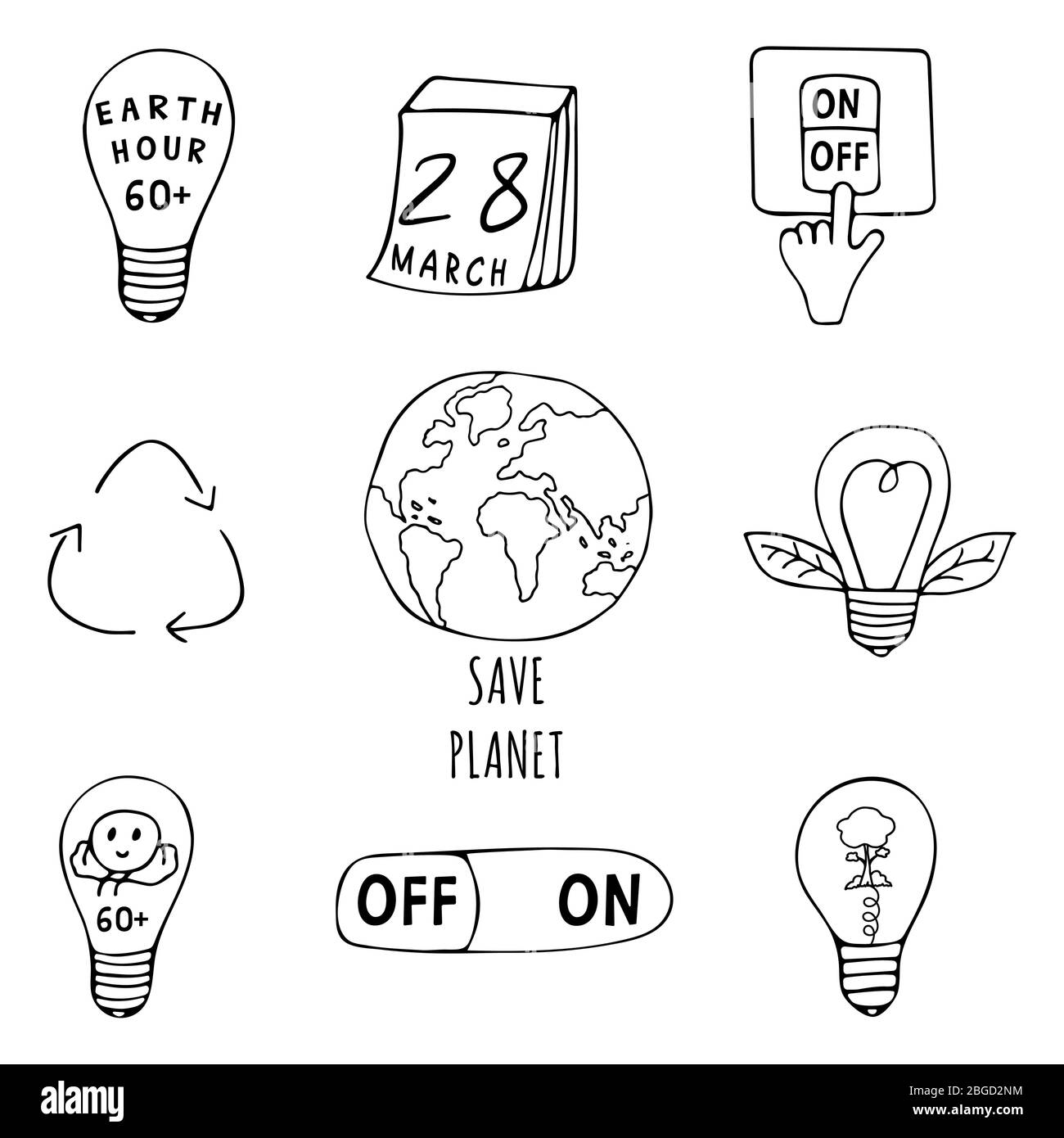 Set di icone sul tema dell'ora della Terra. Globo, calendario a strappo, lampadine, albero, interruttore luce, cursore, simbolo di riciclaggio sotto forma di tre frecce Illustrazione Vettoriale