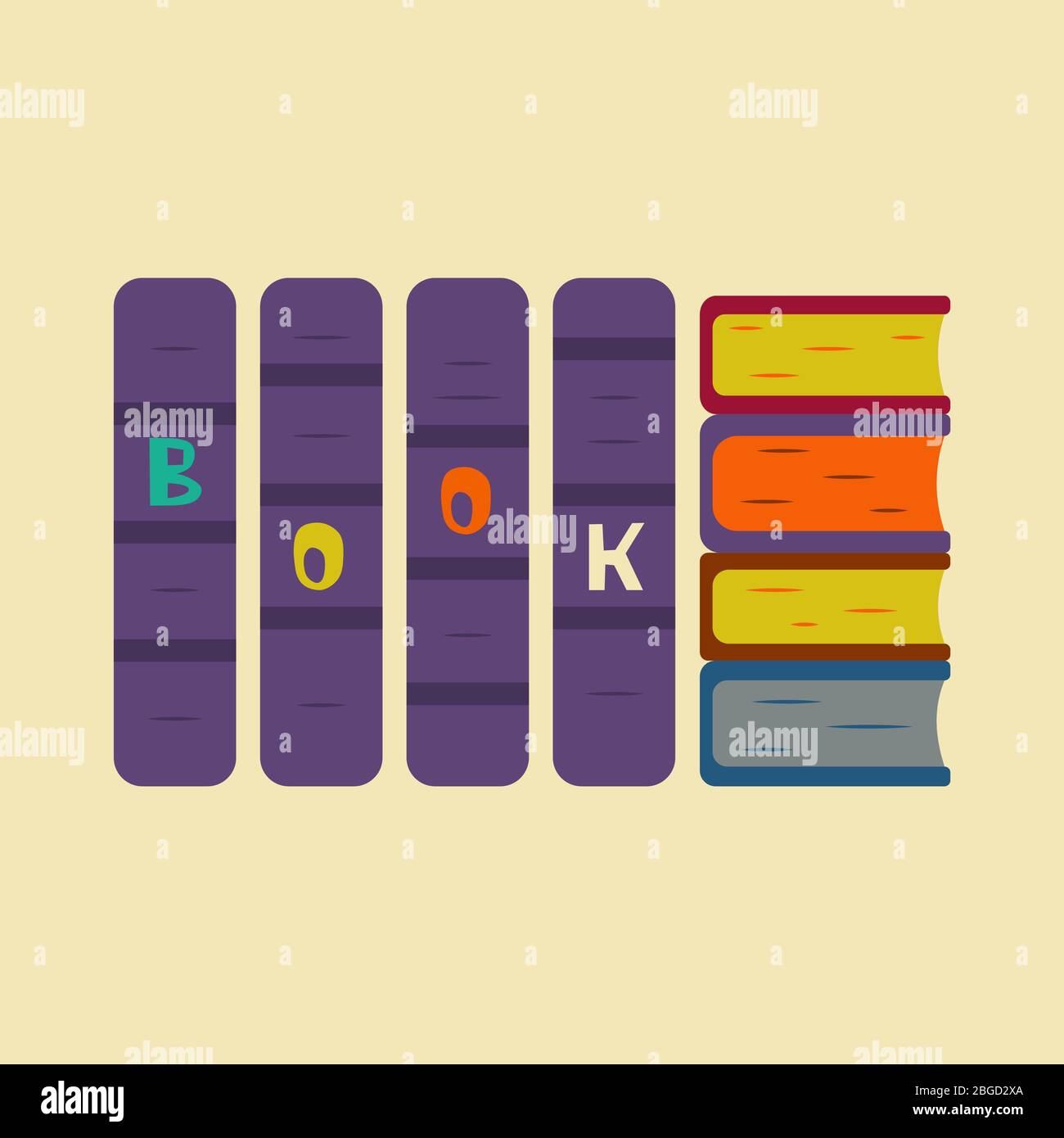 I libri viola si trovano in fila, una pila di libri di diverse dimensioni si trova nelle vicinanze. Giornata mondiale del Libro. Illustrazione colorata e brillante. Lettura, studio, scienza Illustrazione Vettoriale