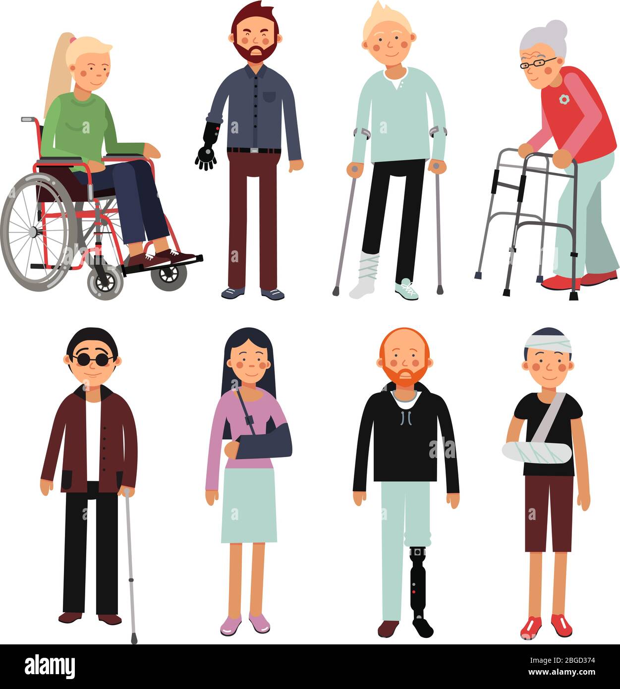 Set di illustrazioni in stile piatto di persone disabili in diverse posizioni. Immagini vettoriali di pazienti ospedalieri isolati Illustrazione Vettoriale