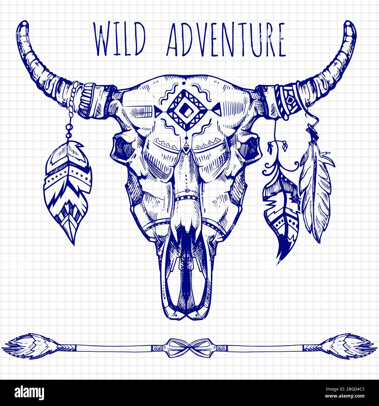 Cranio di bufalo disegnato a mano con piume e frecce - selvaggio avventura poster design. Disegno di cranio di Buffalo, indiano, elemento etnico. Illustrazione vettoriale Illustrazione Vettoriale