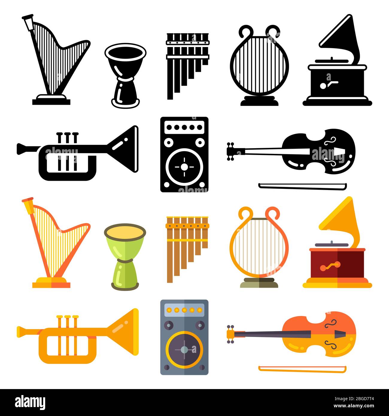 Silhouette colorate e nere dei più diffusi strumenti musicali classici. Illustrazione vettoriale Illustrazione Vettoriale