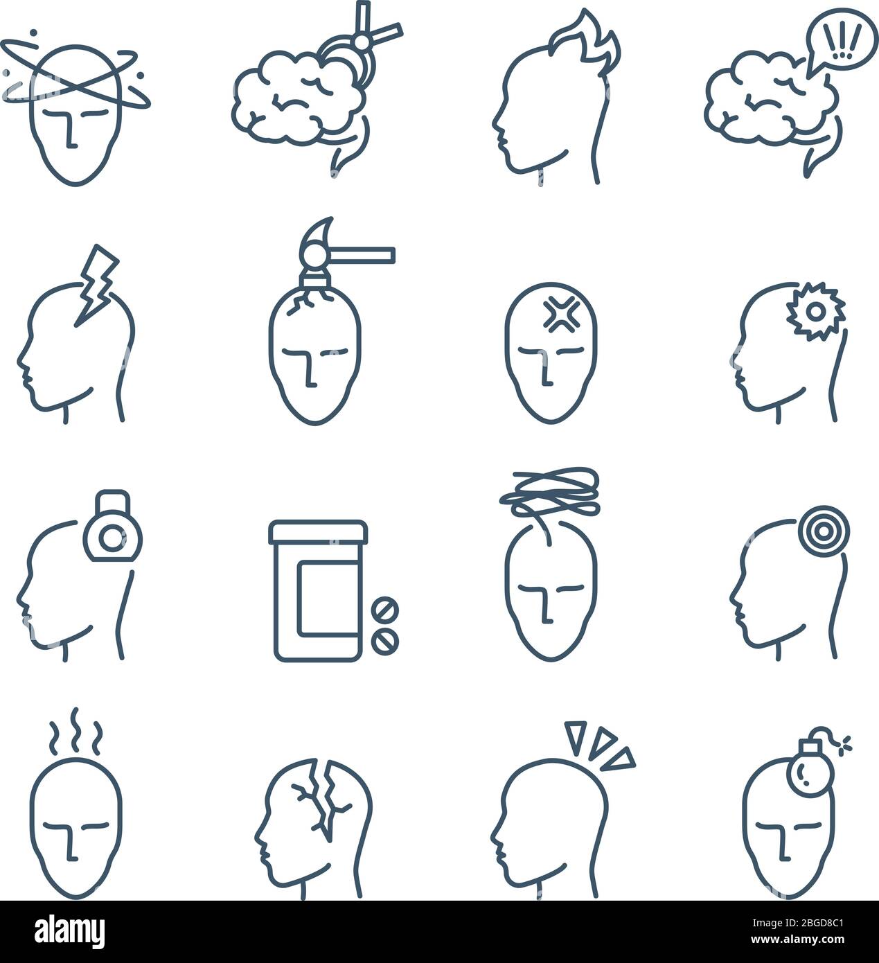 Cefalea, emicrania trattamento dolore linea medica icone vettori. Emicrania e malato, mal di testa umano e illustrazione di malattia Illustrazione Vettoriale